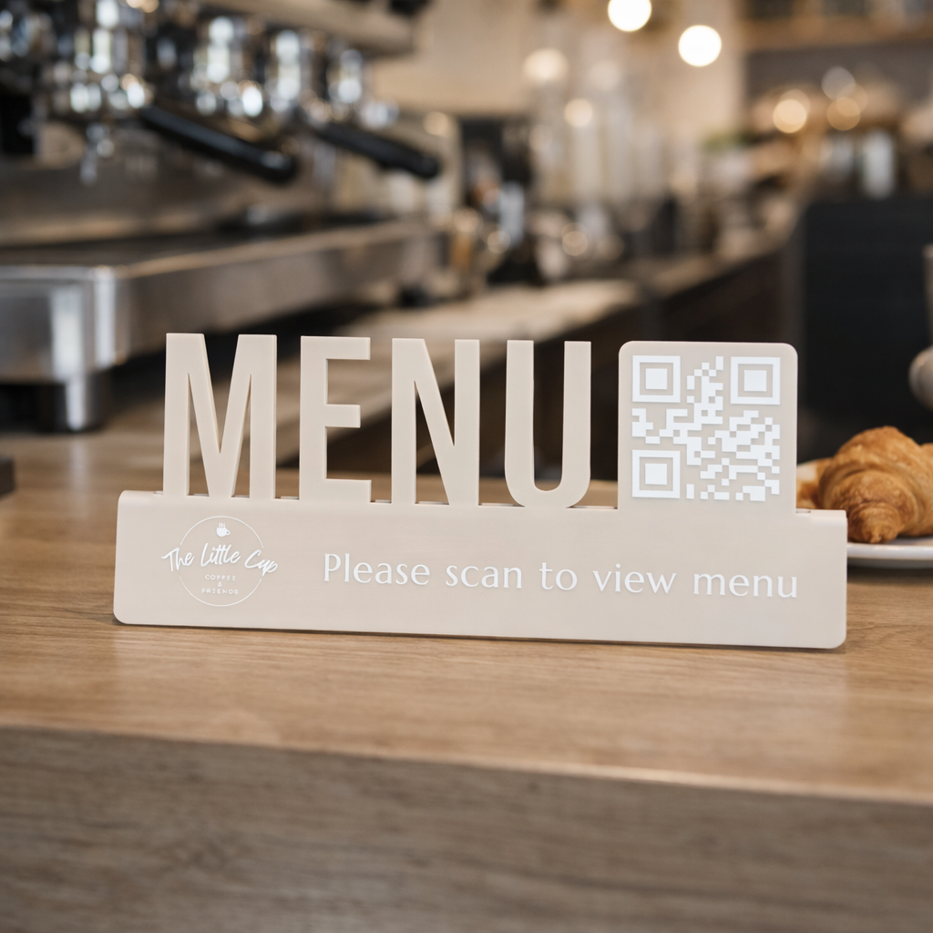 QR code menu table sign acrylic scan to view menu stand on cafe counter