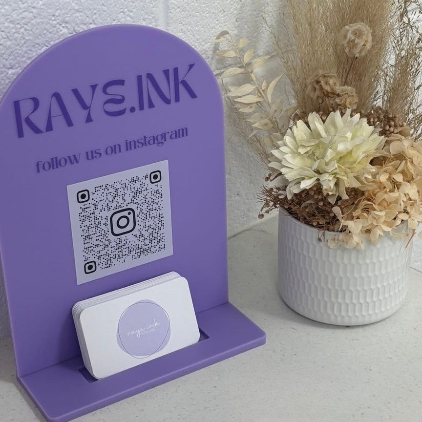 Custom acrylic QR code business stand with Instagram scan code and business card holder, branded salon signage display Australia