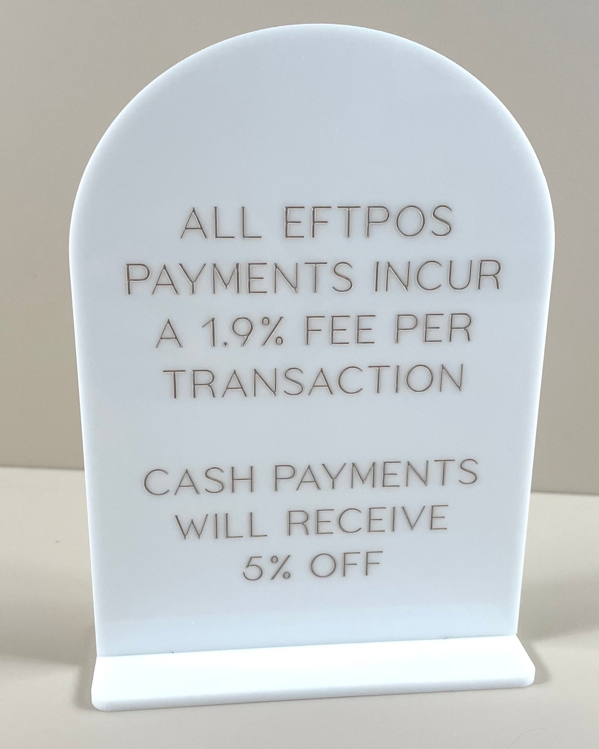 White payment info acrylic stand with beige text