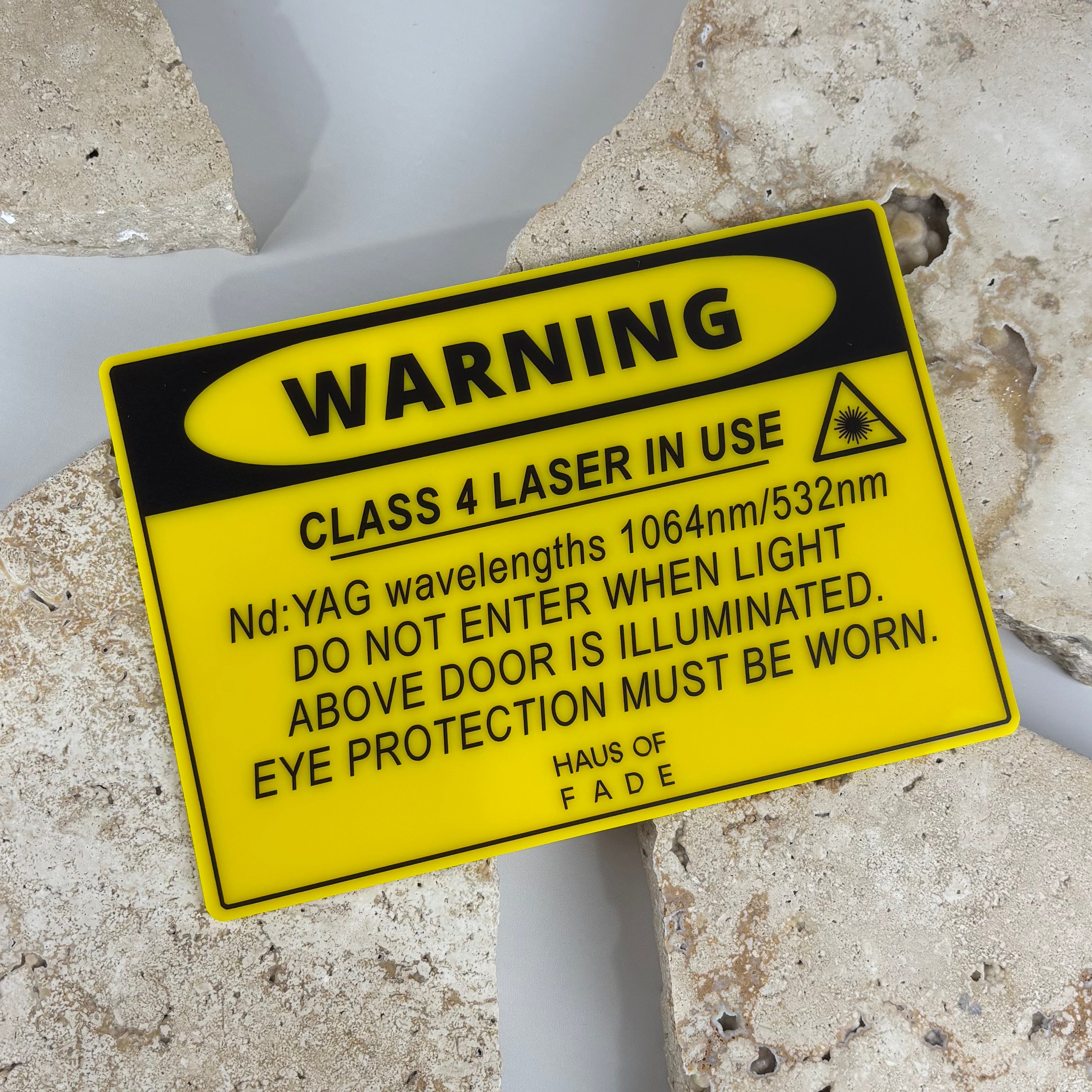 Custom laser safety warning sign, Class 4 laser in use acrylic signage, UV printed safety compliance sign for clinics and salons, durable hazard warning sign for treatment rooms Australia