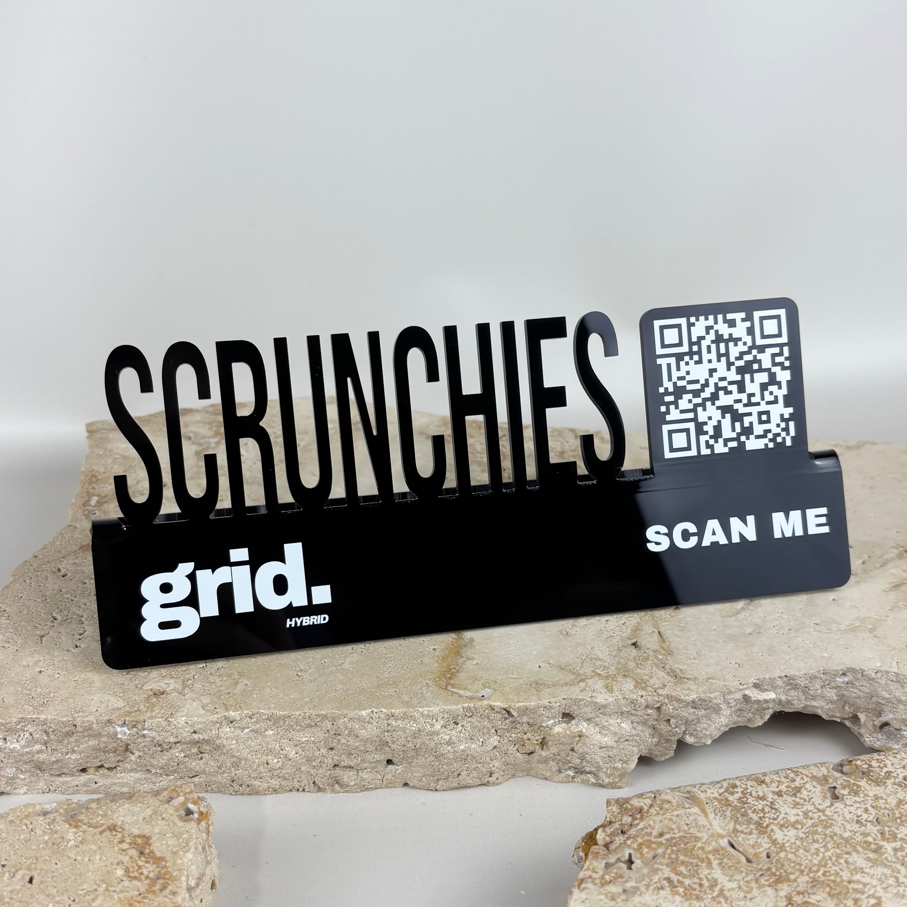 Custom acrylic QR code business stand with 3D lettering, scan me display sign for reception desks, events and brand engagement Australia