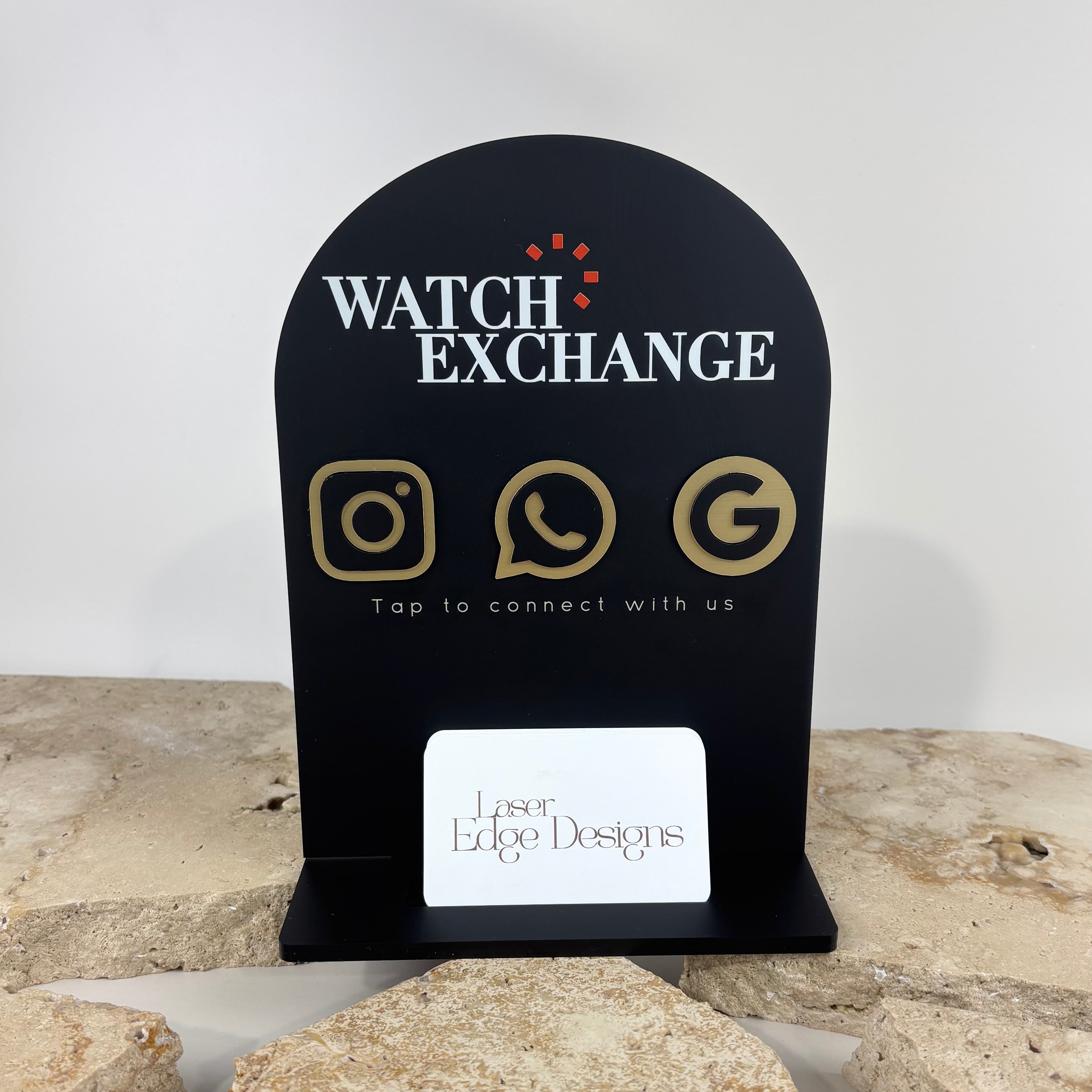 Custom NFC business card holder stand with social media icons, personalised acrylic tap to connect display for salons, retail stores and small businesses, branded countertop NFC sign for contactless networking and customer engagement