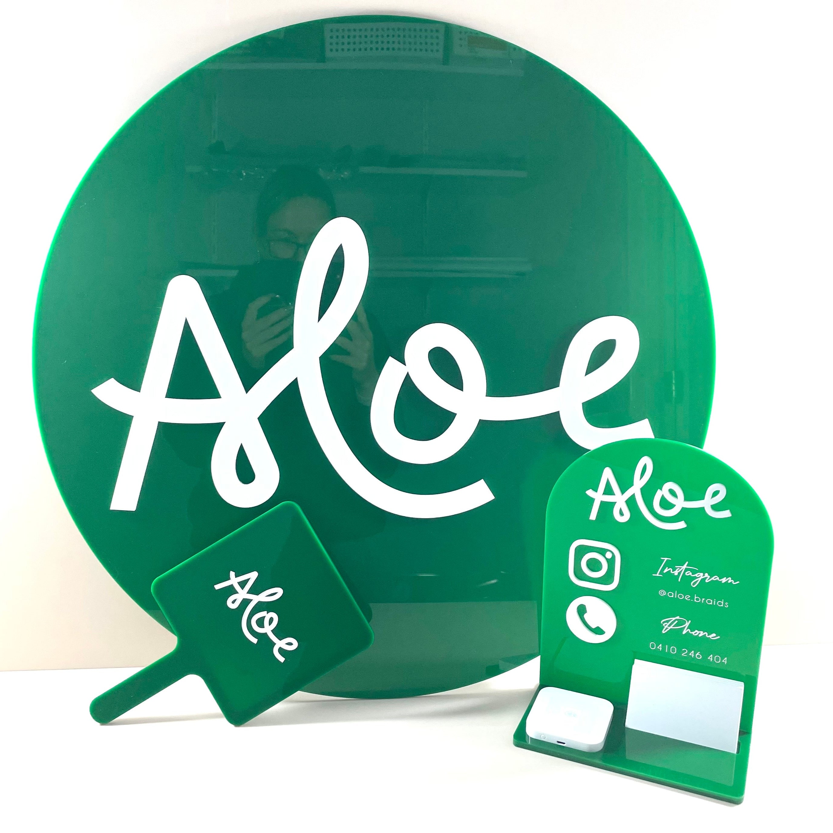 Aloe business sign bundle with bright green round sign and matching accessories