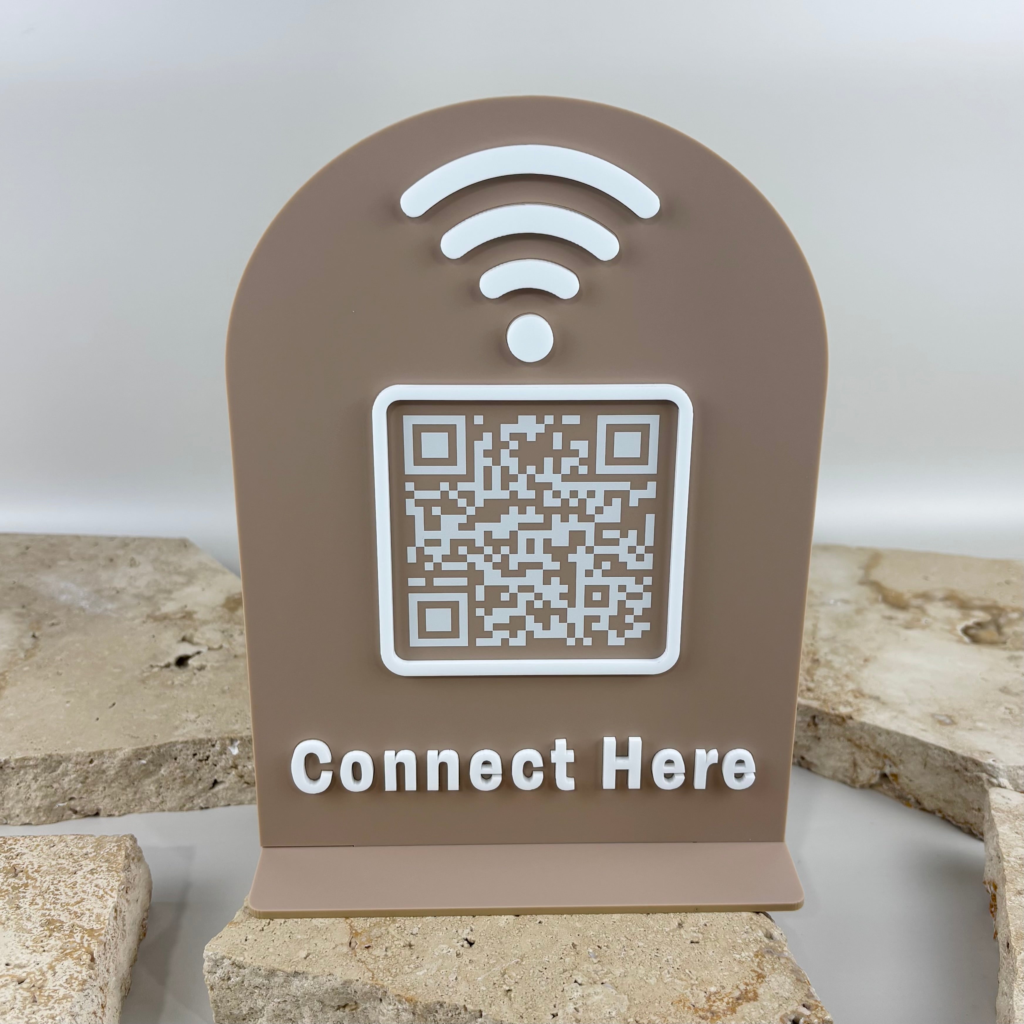 Custom beige acrylic WiFi QR code sign with raised white 3D details and Connect Here text for businesses and customer WiFi access.