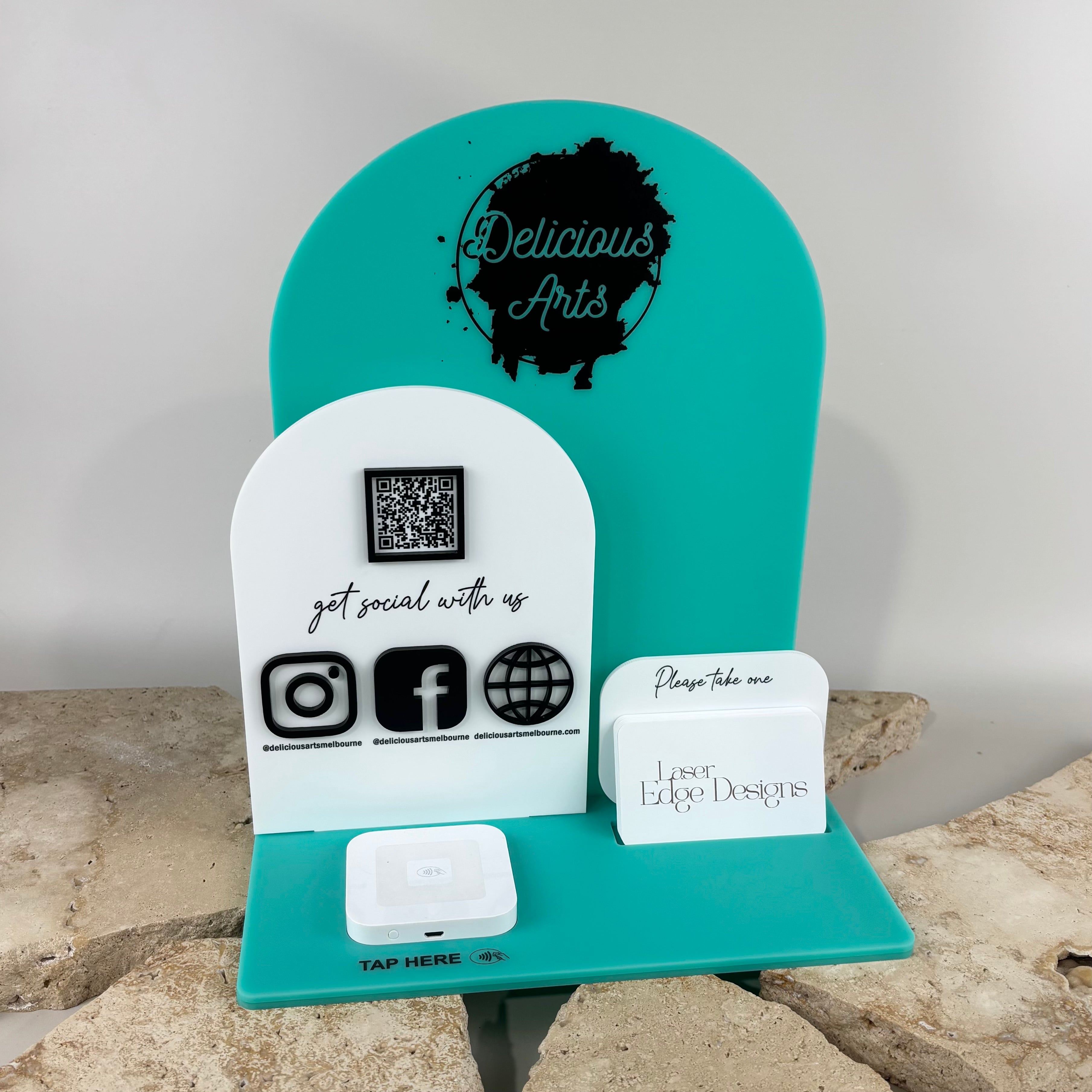 Custom NFC business station display with QR code, social media icons, business card holder and contactless tap stand. Personalised acrylic countertop display for salons, cafés, retail stores and small businesses to share Instagram, Facebook, website, Google reviews and digital business cards.