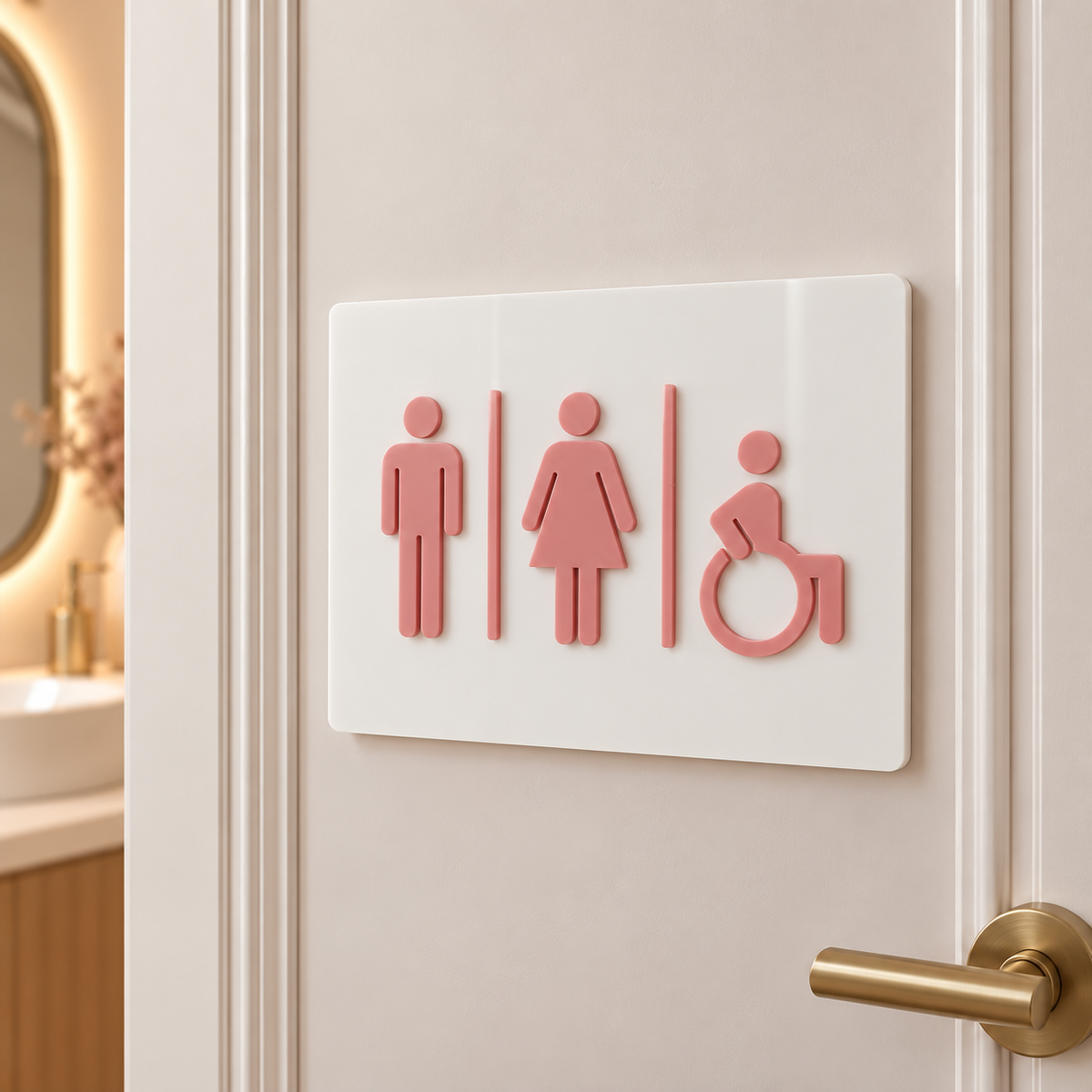 Custom white acrylic bathroom sign with raised pink male, female and wheelchair accessibility icons, mounted on a modern restroom door.