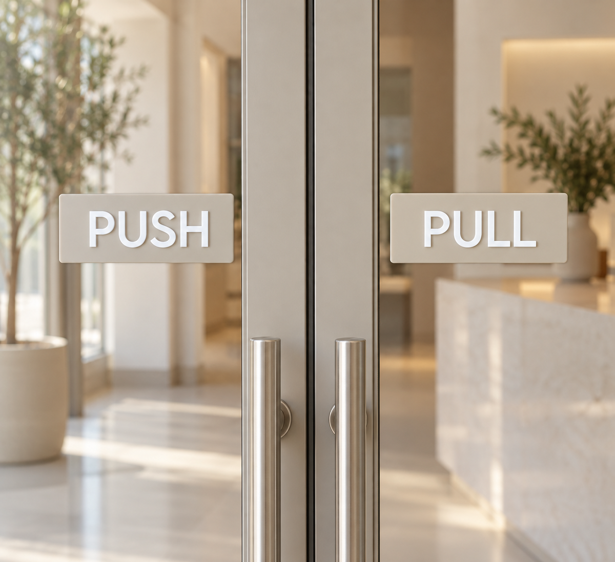 Custom acrylic push and pull door signs with raised white lettering, mounted on modern glass entry doors.