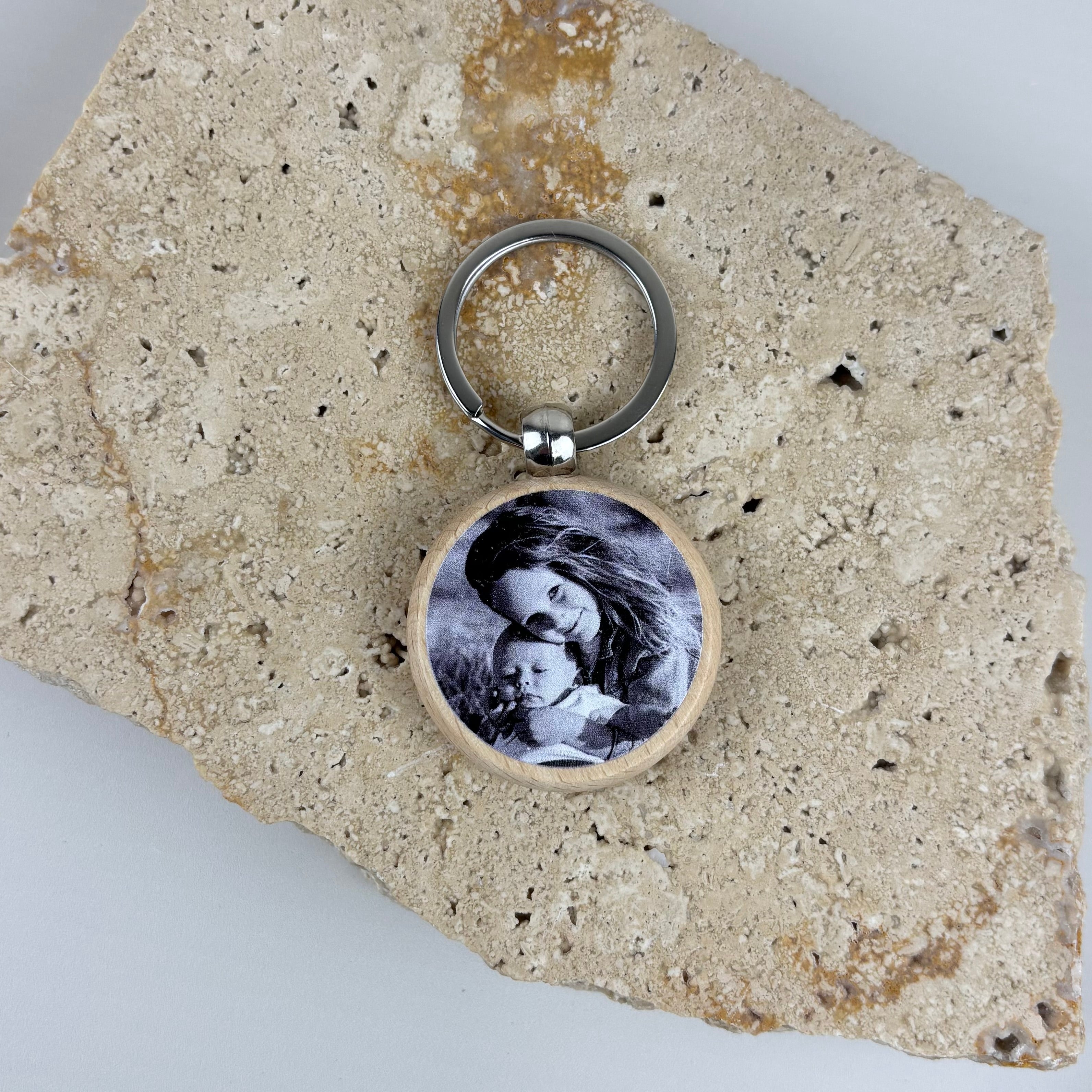 Personalised wooden photo keyring with custom UV printed photograph on the front and engraved message on the back, featuring a premium round timber design and stainless steel keyring, perfect as a personalised memorial gift, Father’s Day gift, Mother’s Day gift or keepsake.