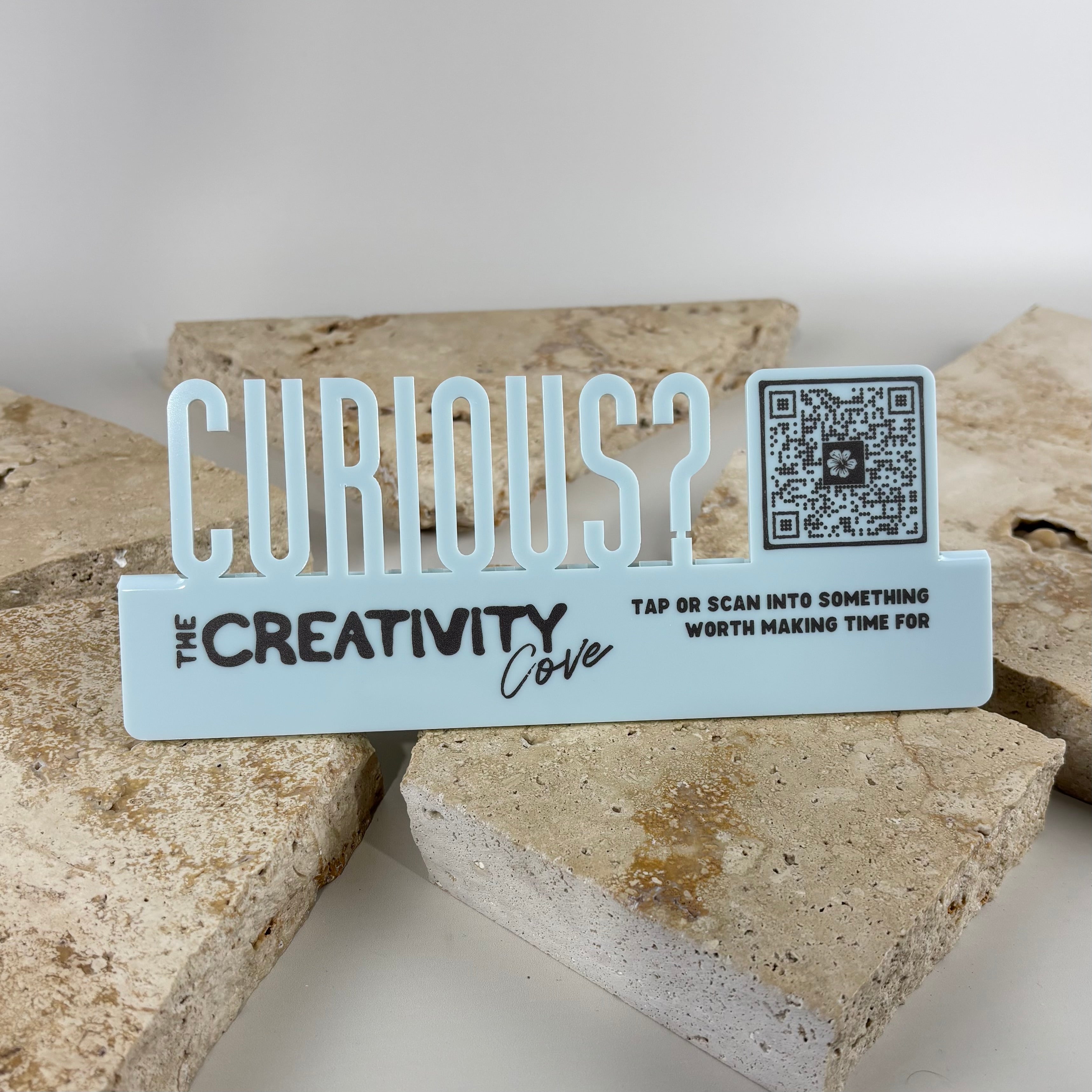 Custom acrylic QR code sign with personalised business branding, UV printed countertop display for tap to scan, social media, website links, reviews and contactless customer engagement for retail stores, salons and small businesses.