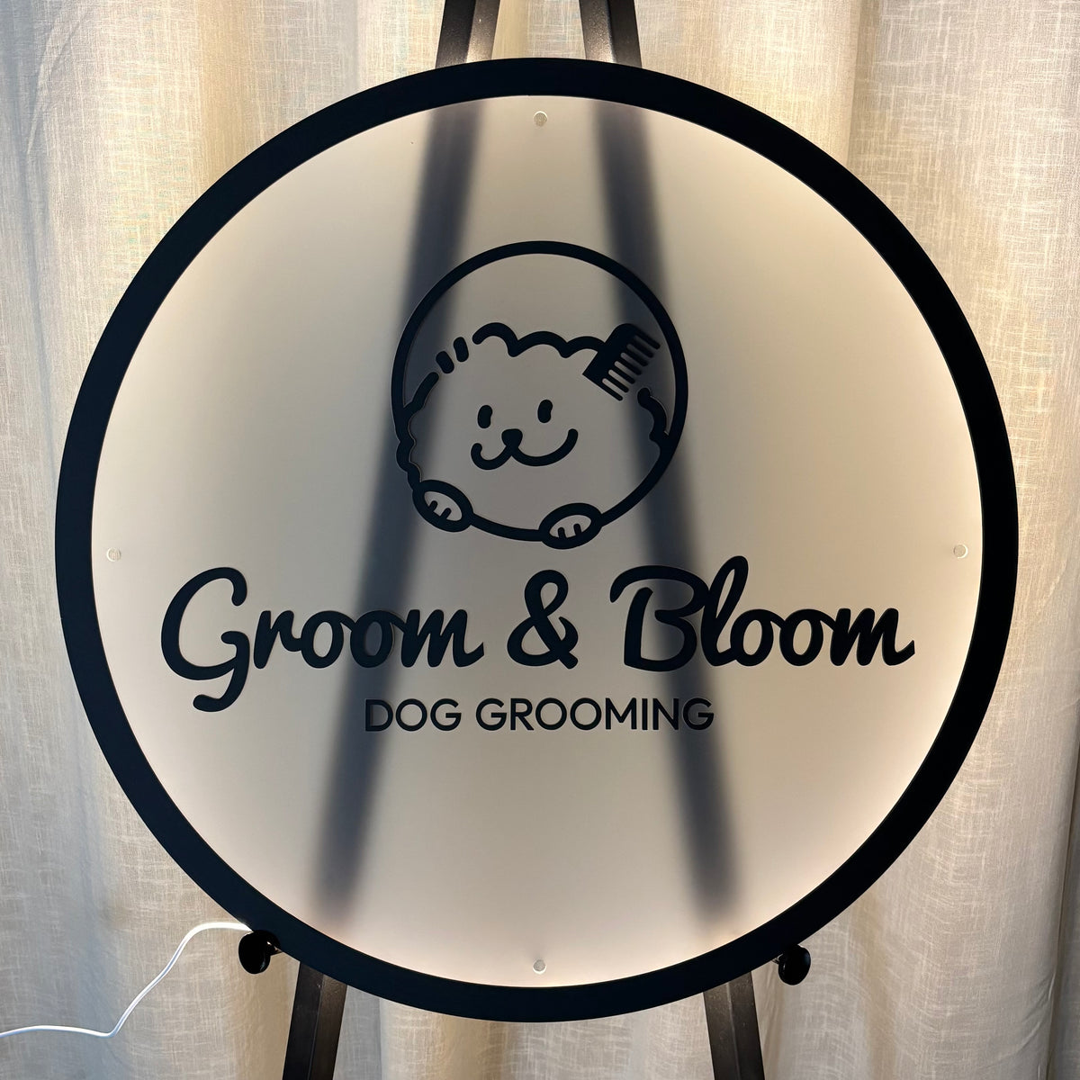     Custom round backlit LED business sign with 3D acrylic logo, personalised illuminated wall sign for dog groomers, pet salons and small businesses