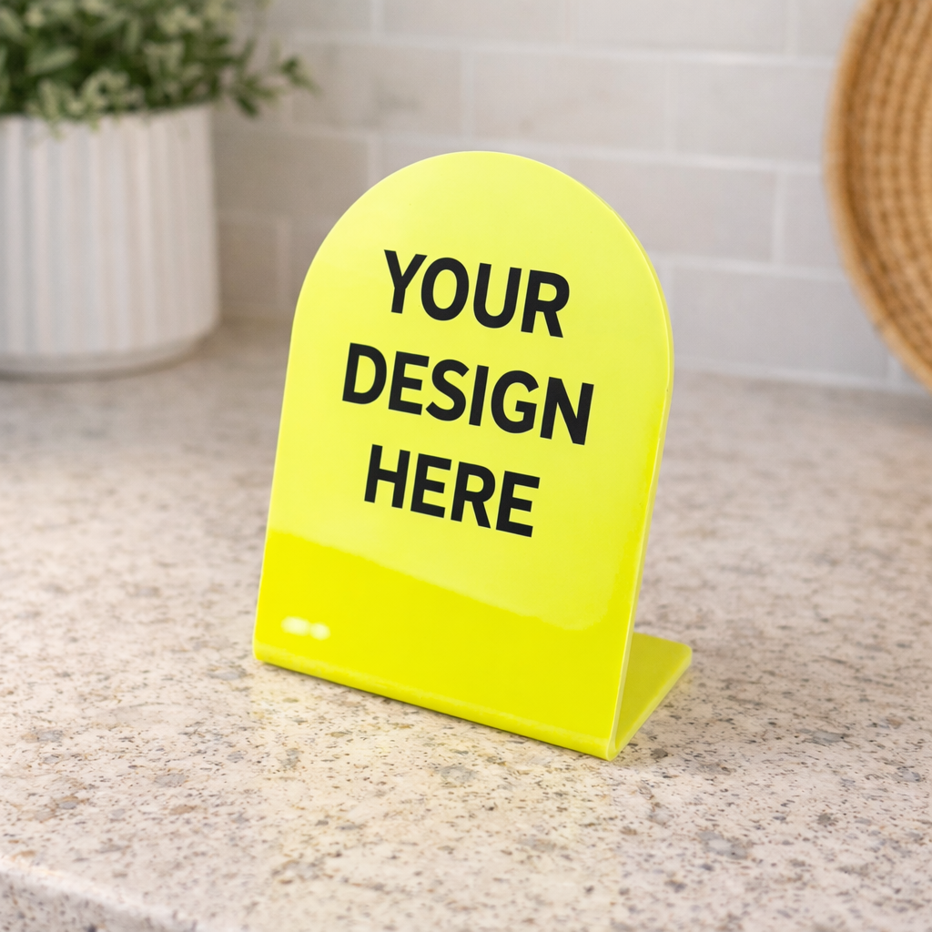 Custom arch acrylic display stand with personalised business logo, curved countertop signage for reception desk
