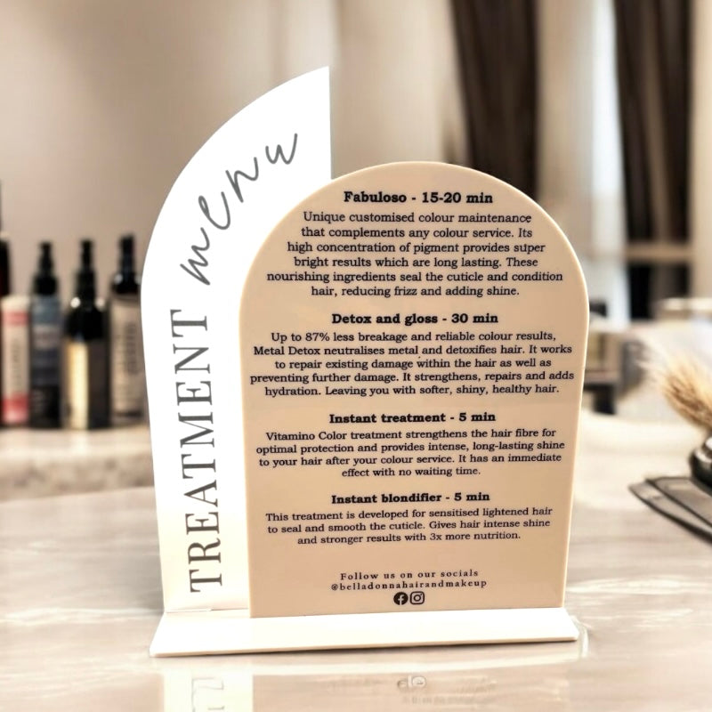 Custom treatment menu stand 