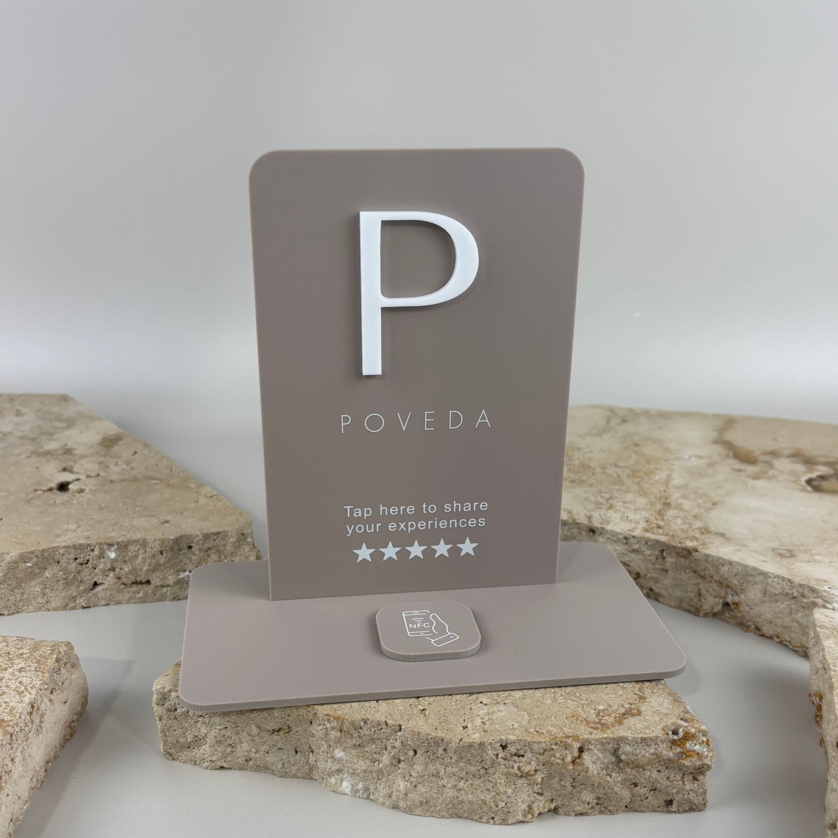 Custom NFC Google review stand with business logo and tap-to-review technology, designed for salon, clinic, beauty and retail counters.