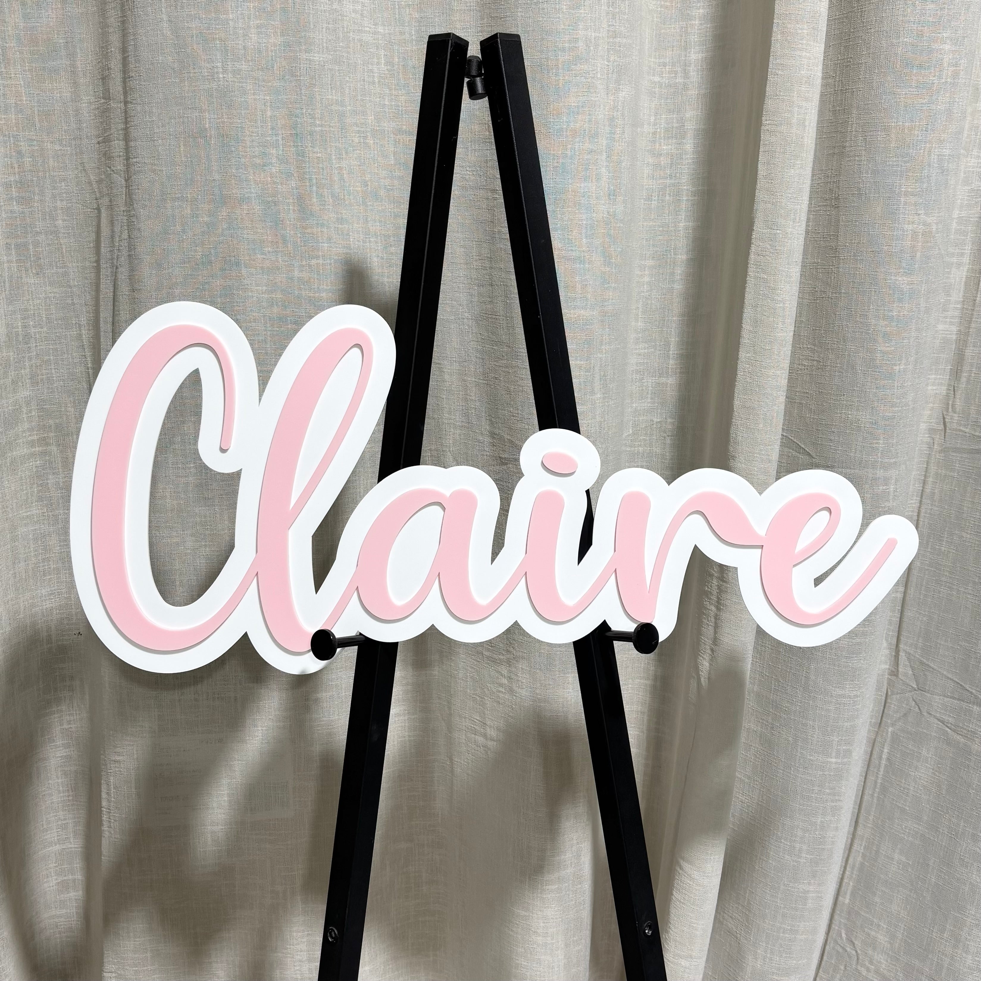 Personalised acrylic name sign with layered 3D lettering in white and pastel pink, custom nursery name sign, kids bedroom wall décor, baby name plaque and personalised room decoration for girls.