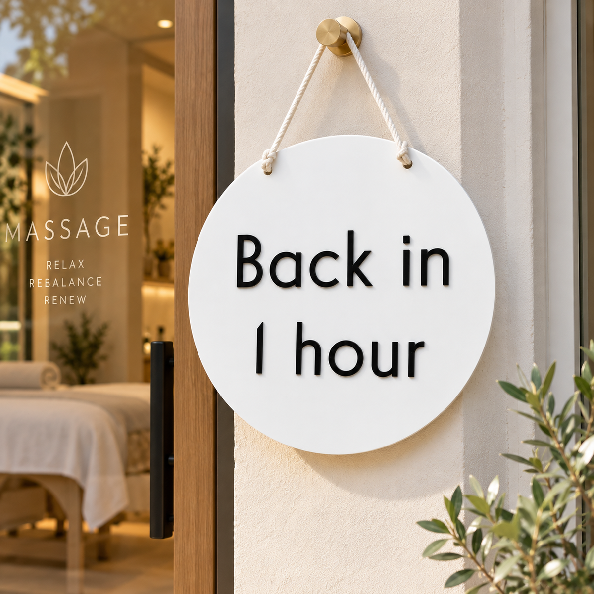 Custom round white acrylic “Back in 1 hour” sign with raised black lettering, hanging at the entrance of a modern massage and wellness shop.