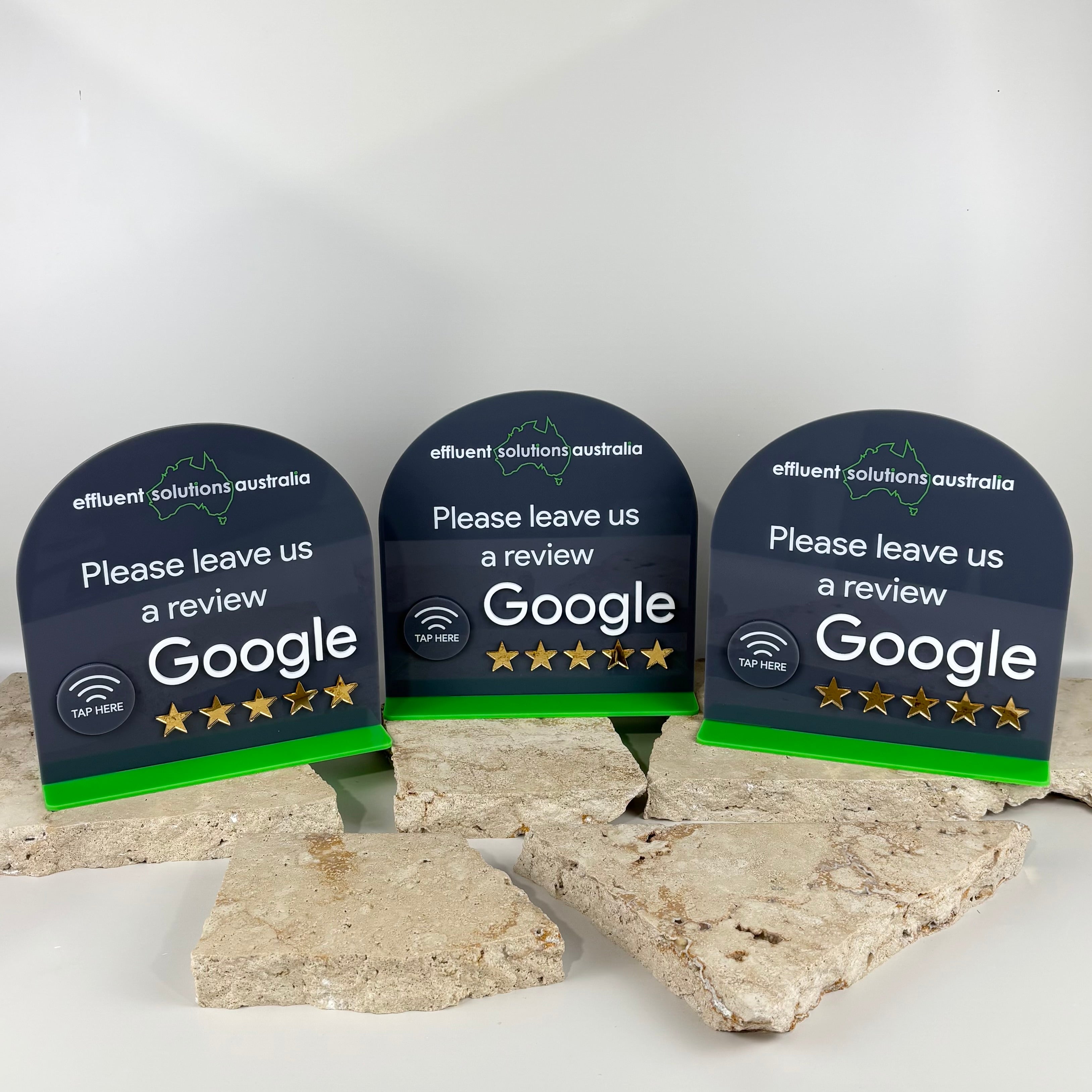 Custom Google review stand with NFC tap icon, branded acrylic review sign for business counter display