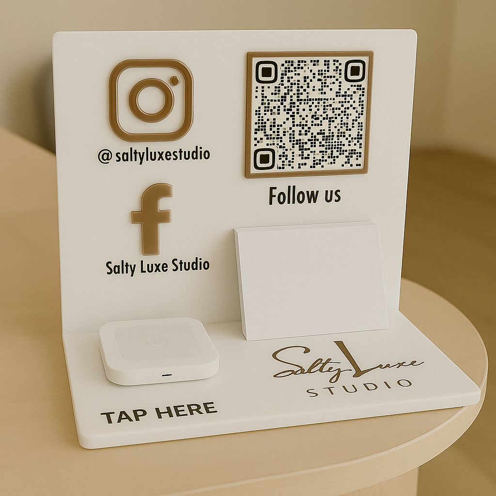Custom business station stand with QR code and Square reader