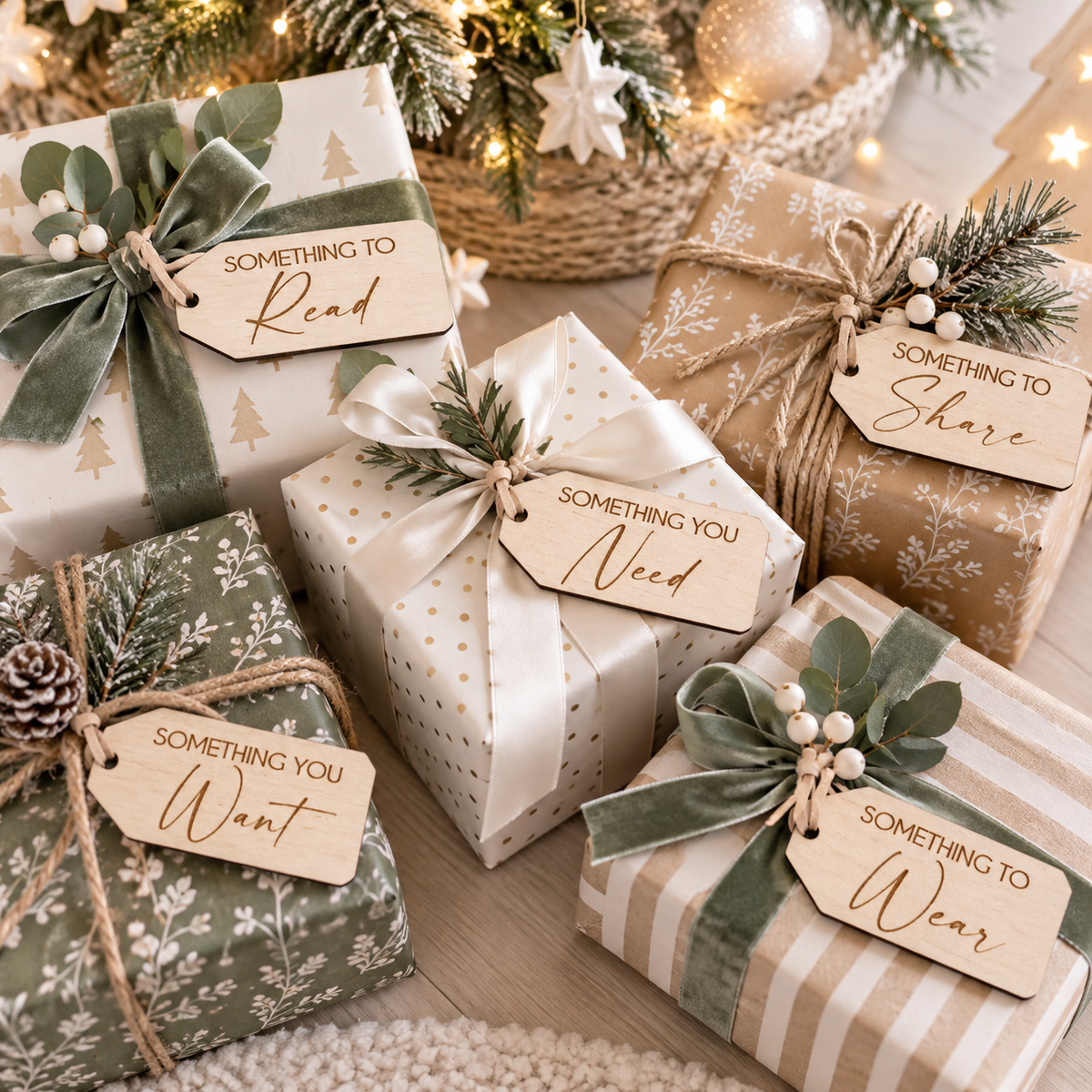 Set of five engraved wooden Christmas gift tags for something to read, share, need, want and wear, displayed on wrapped presents in a light modern Christmas setting.