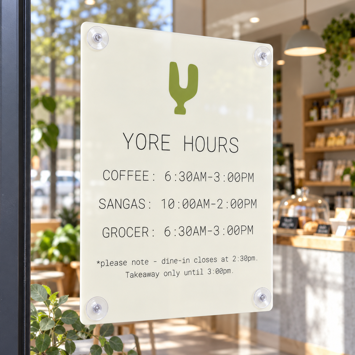 Custom acrylic opening hours sign featuring personalised business branding and trading hours, displayed in a modern business setting.