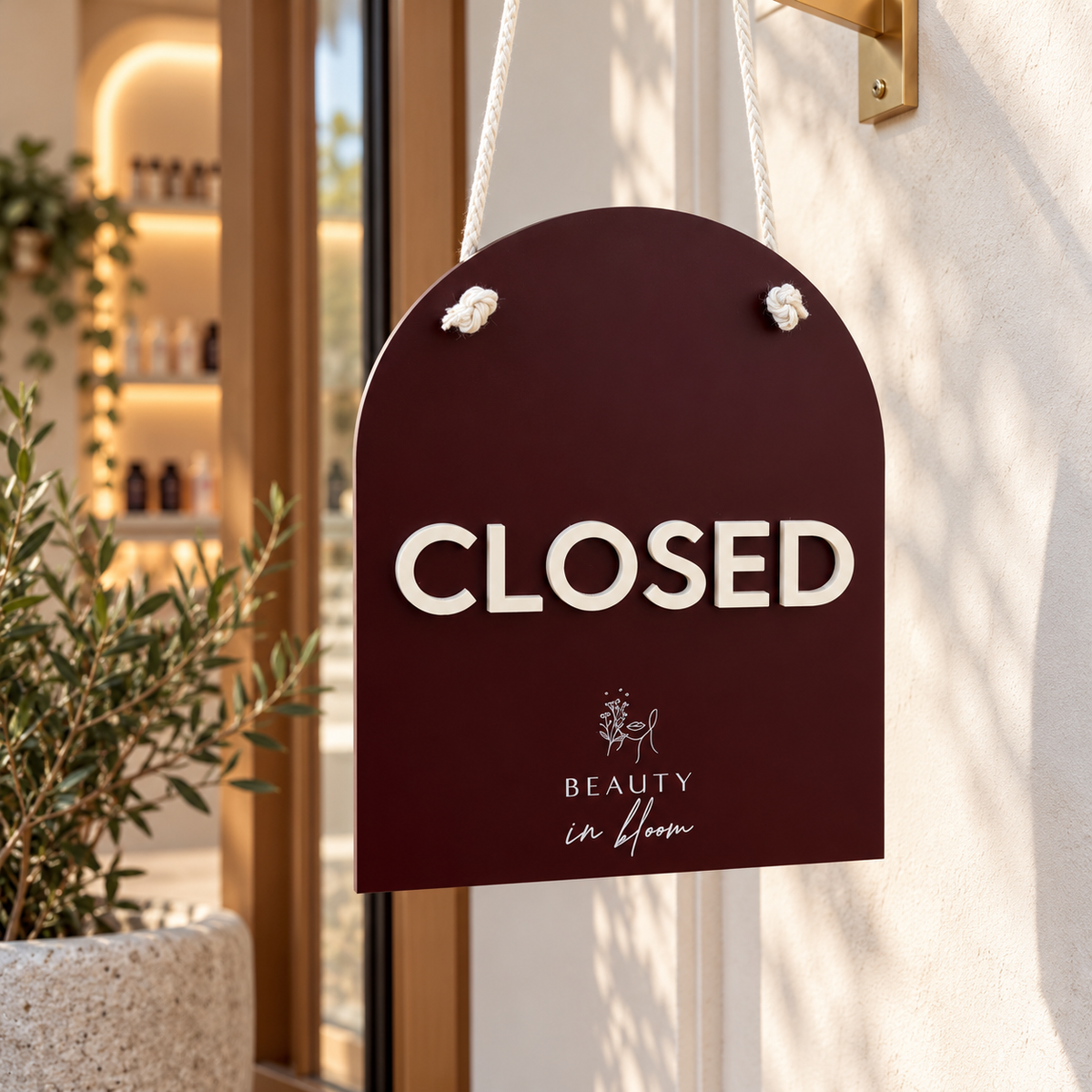 Custom burgundy acrylic closed sign with raised cream lettering and Beauty in Bloom branding, hanging outside a modern beauty salon.