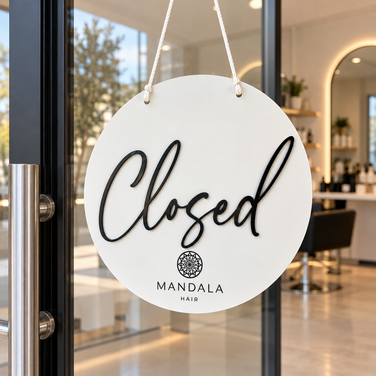 Custom round white acrylic closed sign with raised black lettering and Mandala Hair branding, hanging on a modern glass salon door.
