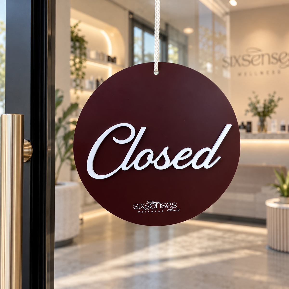 Custom burgundy acrylic closed sign with raised white lettering and Six Senses Wellness branding, hanging on a modern glass business door.