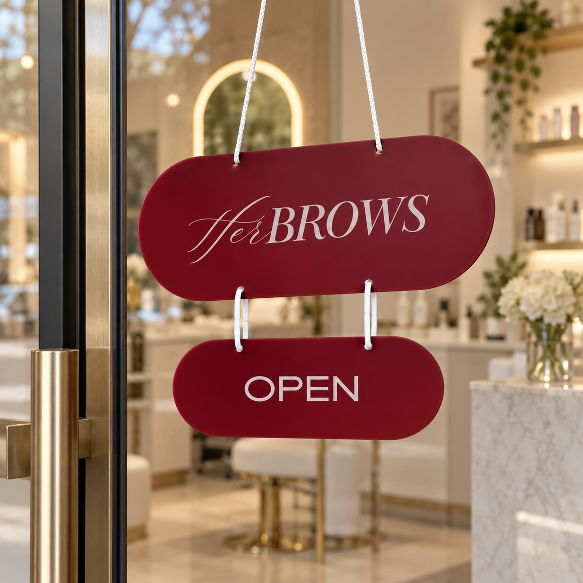 Custom burgundy acrylic open sign with Her Brows branding, hanging on a modern glass salon door with white cord.