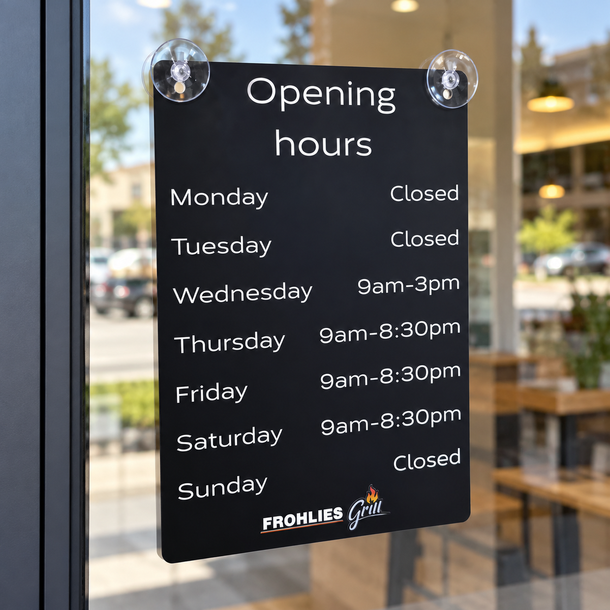 Custom black acrylic opening hours sign with white lettering and Frohlies Grill branding, attached to a shop window with clear suction cups.