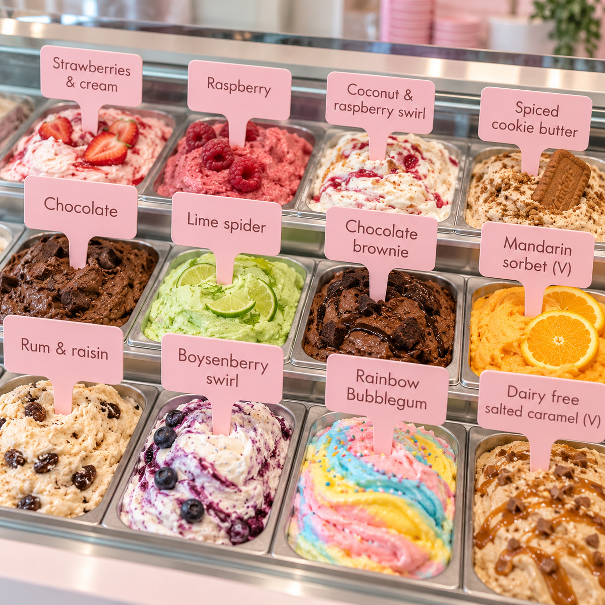 Custom pastel pink acrylic ice cream flavour labels displayed in a gelato shop, featuring engraved flavour names in tubs of colourful ice cream and sorbet.