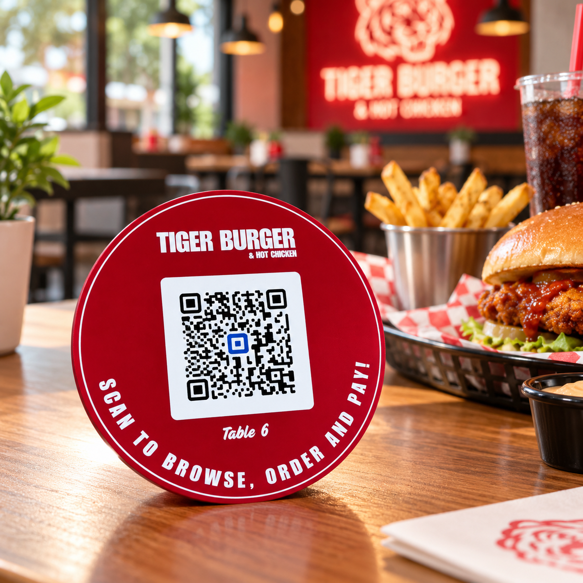 Custom red QR code table disc for Tiger Burger & Hot Chicken, fixed flat to a restaurant table for customers to scan, browse, order and pay.