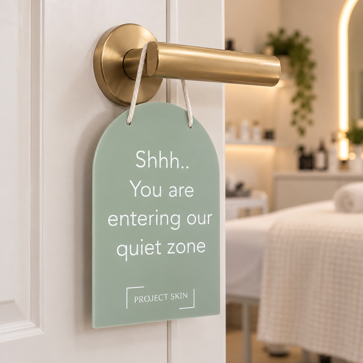 Custom sage green quiet zone door sign for Project Skin, hanging from a clinic treatment room handle with personalised branding.
