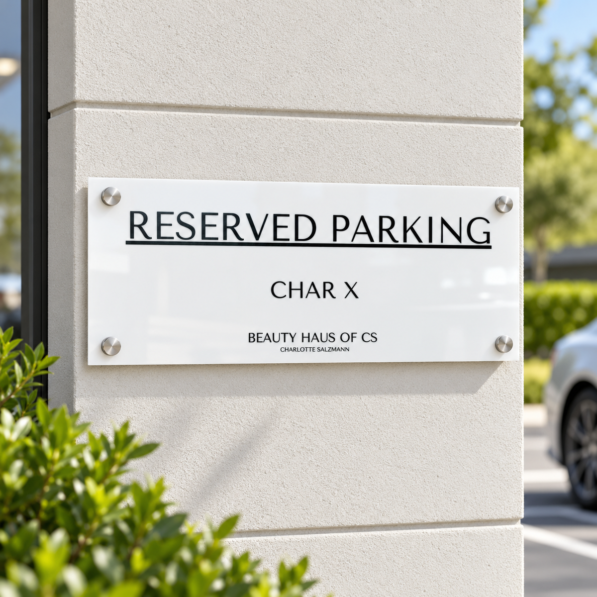 Custom white acrylic reserved parking sign with black lettering, mounted outdoors with four silver standoffs for a beauty business parking space.