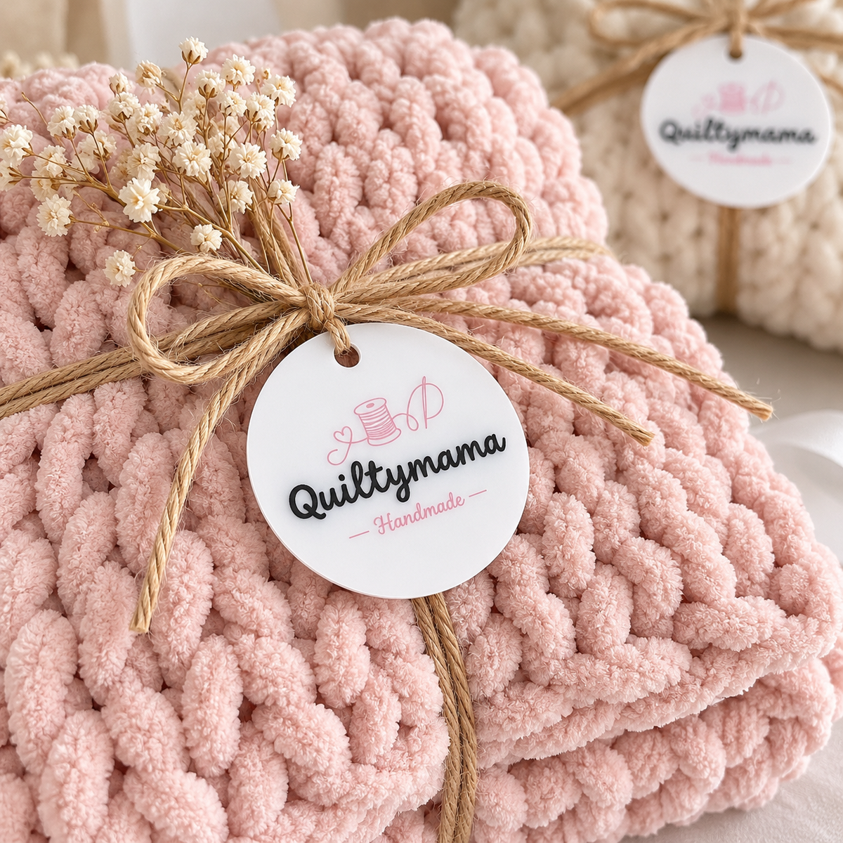 Custom white acrylic product tag featuring Quiltymama Handmade branding in black and pink, attached with natural twine to a soft pink chunky knit blanket.