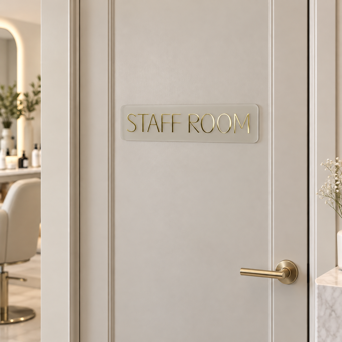 Clear acrylic staff room sign with gold lettering mounted on a modern cream interior door with brass hardware.