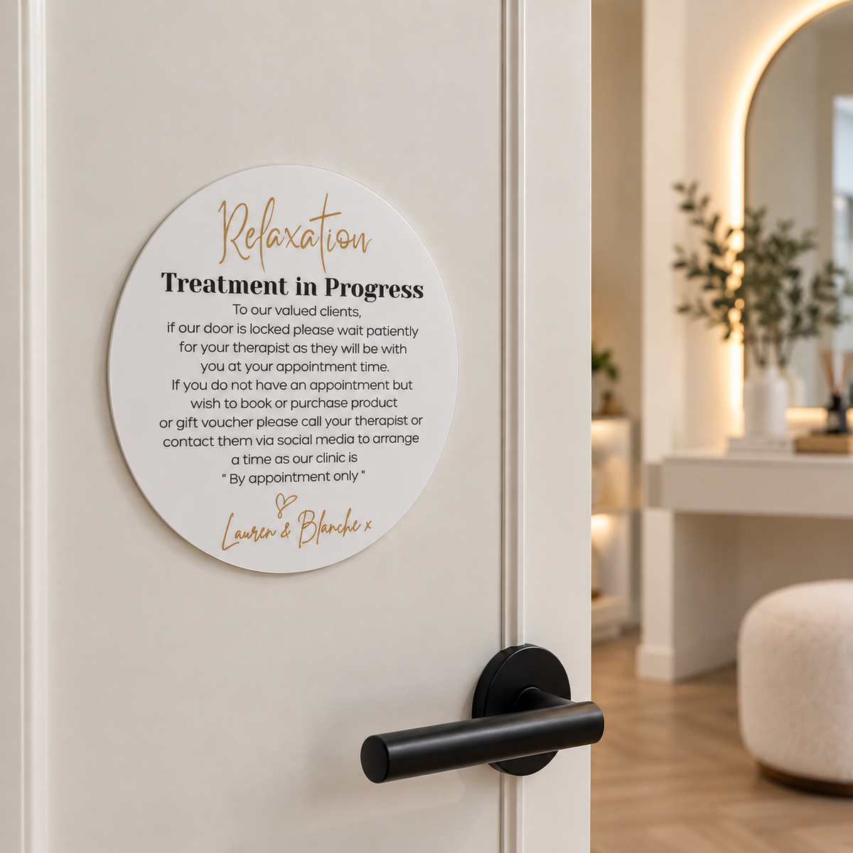 Custom round treatment in progress sign mounted on a beauty clinic door, featuring appointment information and elegant personalised branding.