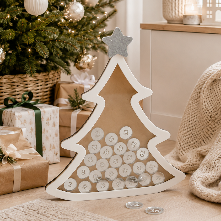 Personalised wooden Christmas countdown drop box with numbered acrylic countdown tokens in a modern Christmas tree design, displayed on a light timber table in a bright festive home with Christmas decorations. Handmade Christmas advent countdown for families.