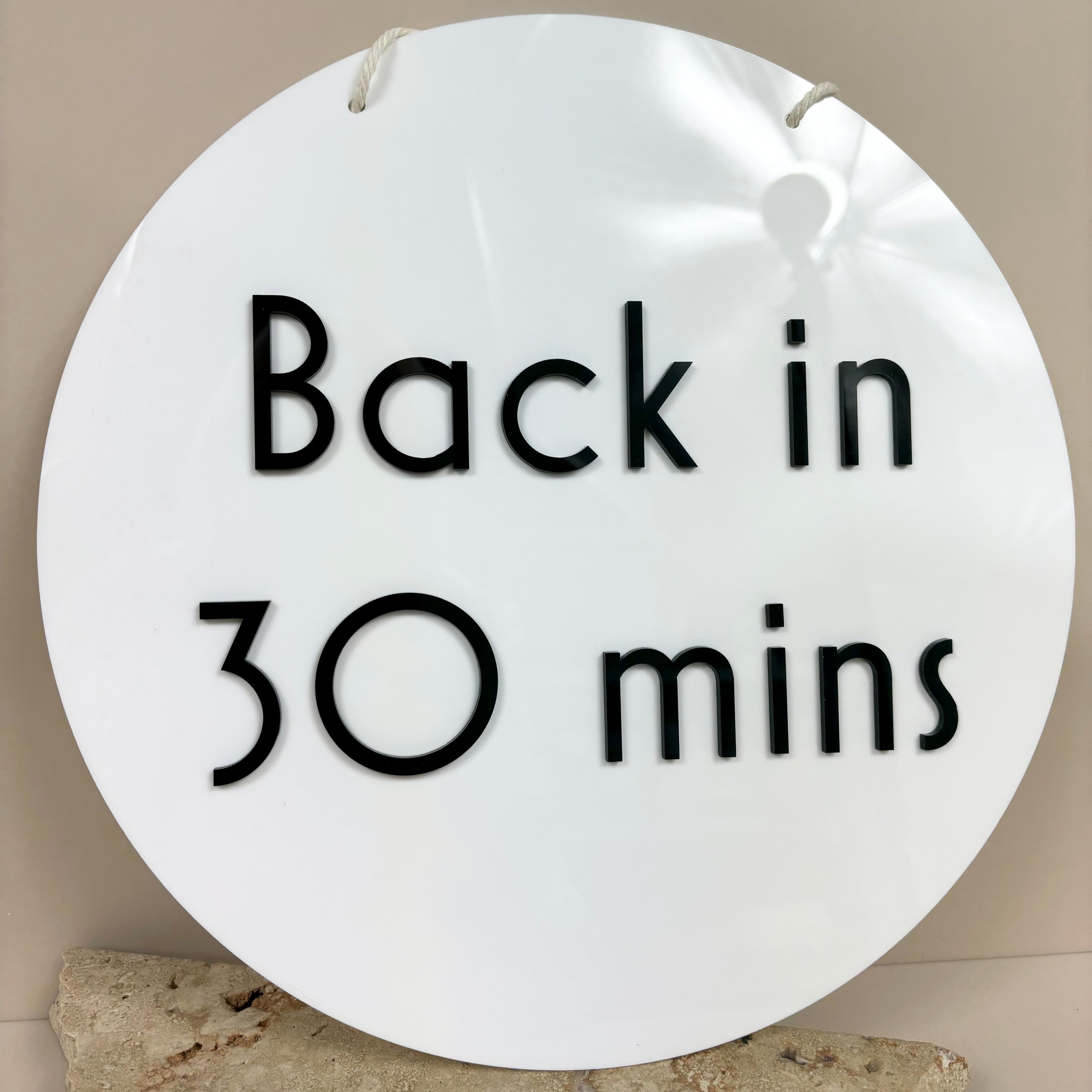 Custom double sided Break Time sign showing Back in 30 Minutes – reception and clinic door sign made in Australia