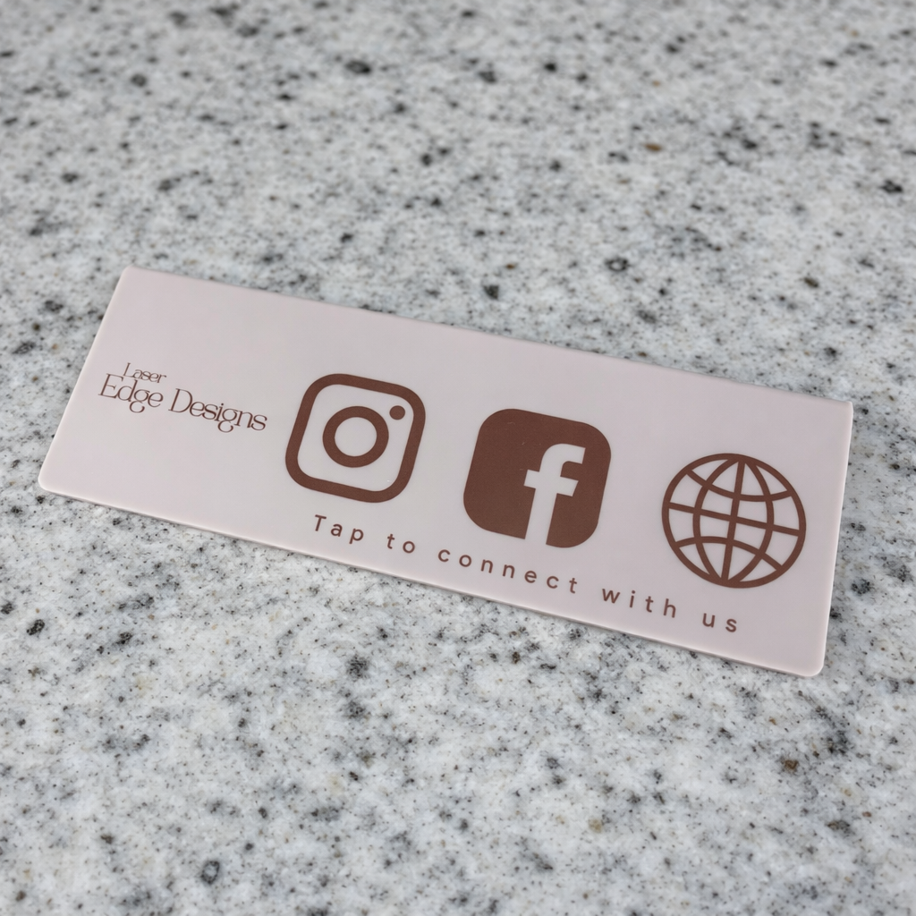 Custom NFC display stand with tap to connect social media icons UV printed on acrylic counter sign