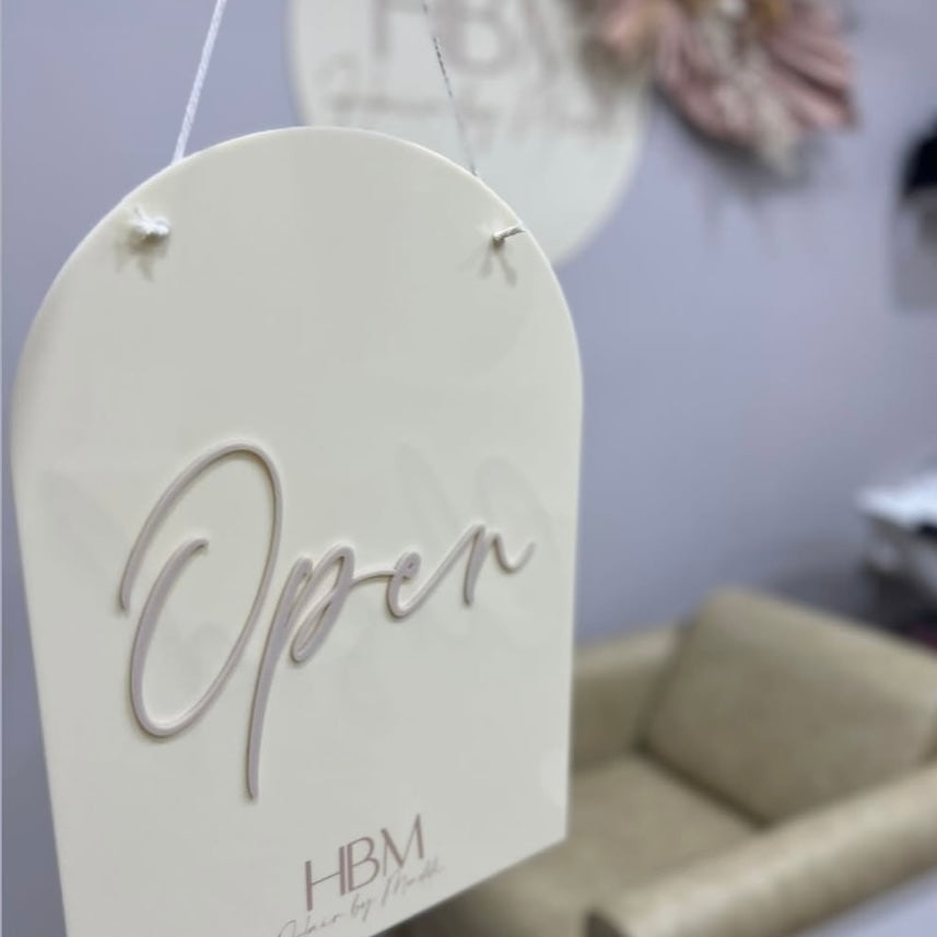 Custom acrylic open sign for business, 3D raised lettering open closed hanging sign, modern salon door sign with minimalist design, personalised business hours sign for storefront, HBM Hair by Melissa branded open sign for retail or beauty studio entrance