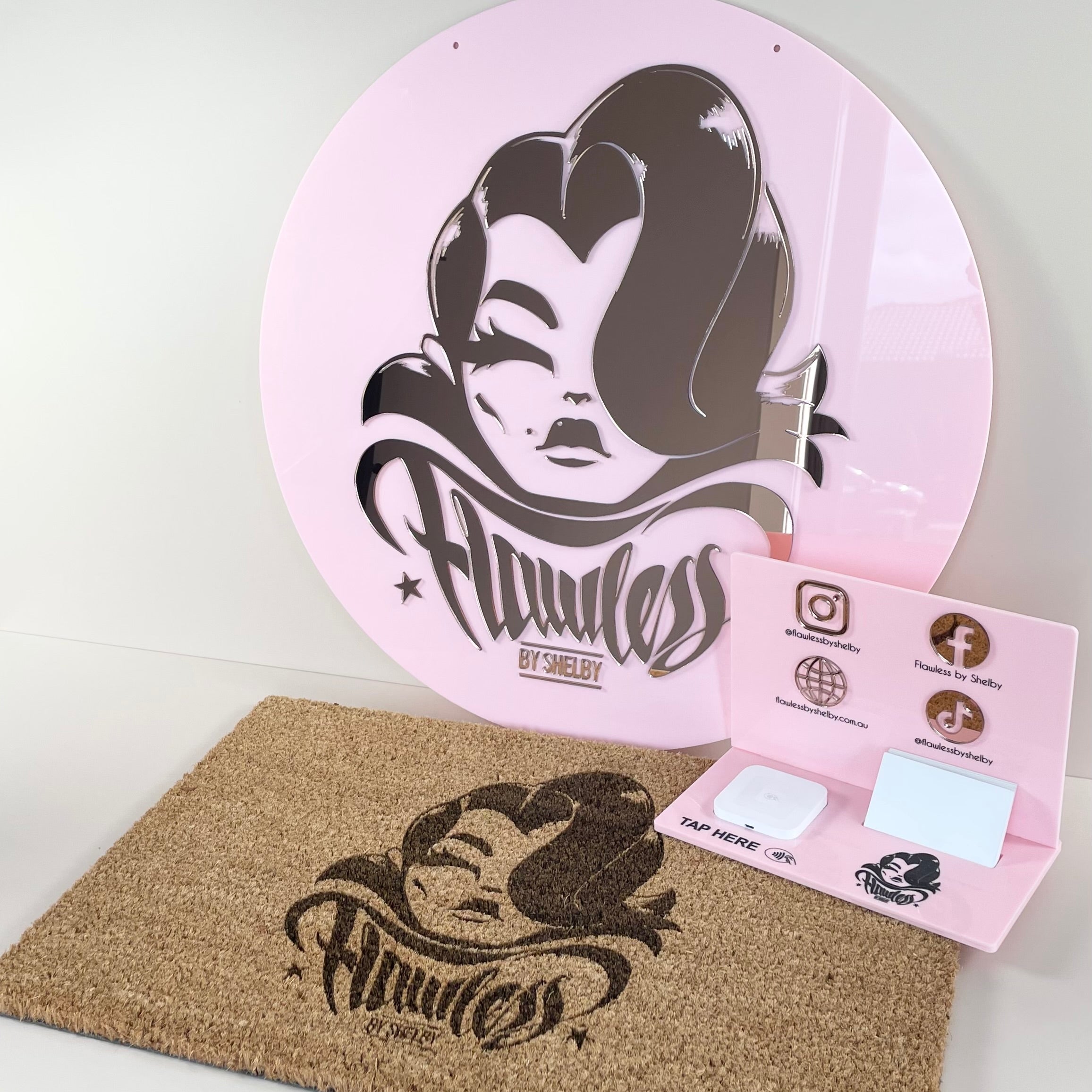 Flawless beauty salon sign bundle with stand and mat