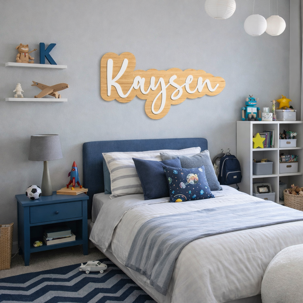 Custom timber and acrylic name sign for boys bedroom wall decor, Kaysen personalised wooden name sign with white acrylic lettering, kids bedroom name signage Australia, custom nursery name sign above bed, modern boys room personalised wall decor