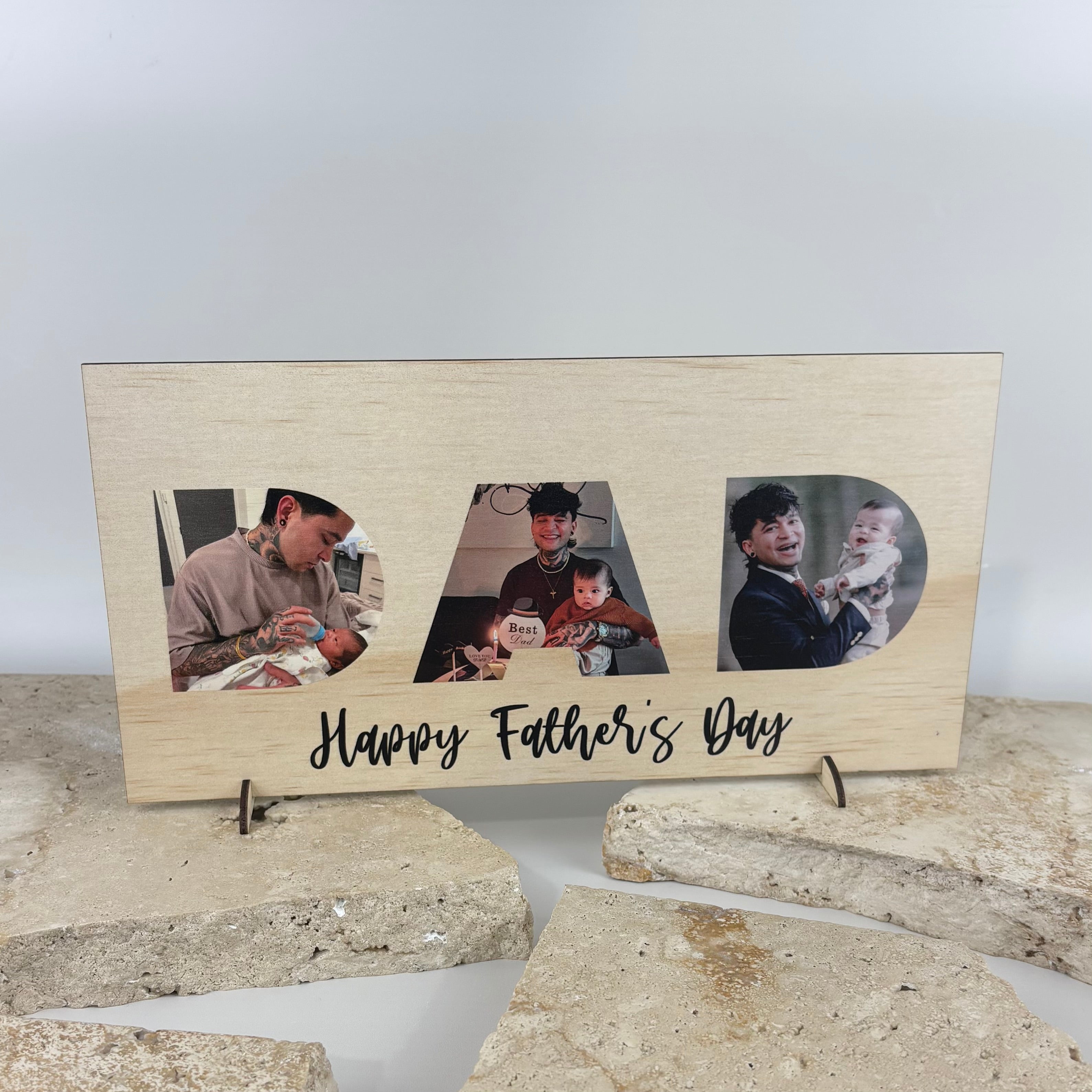 Personalised bamboo Father’s Day photo plaque featuring three custom family photos inside DAD lettering with “Happy Father’s Day” text and freestanding feet.