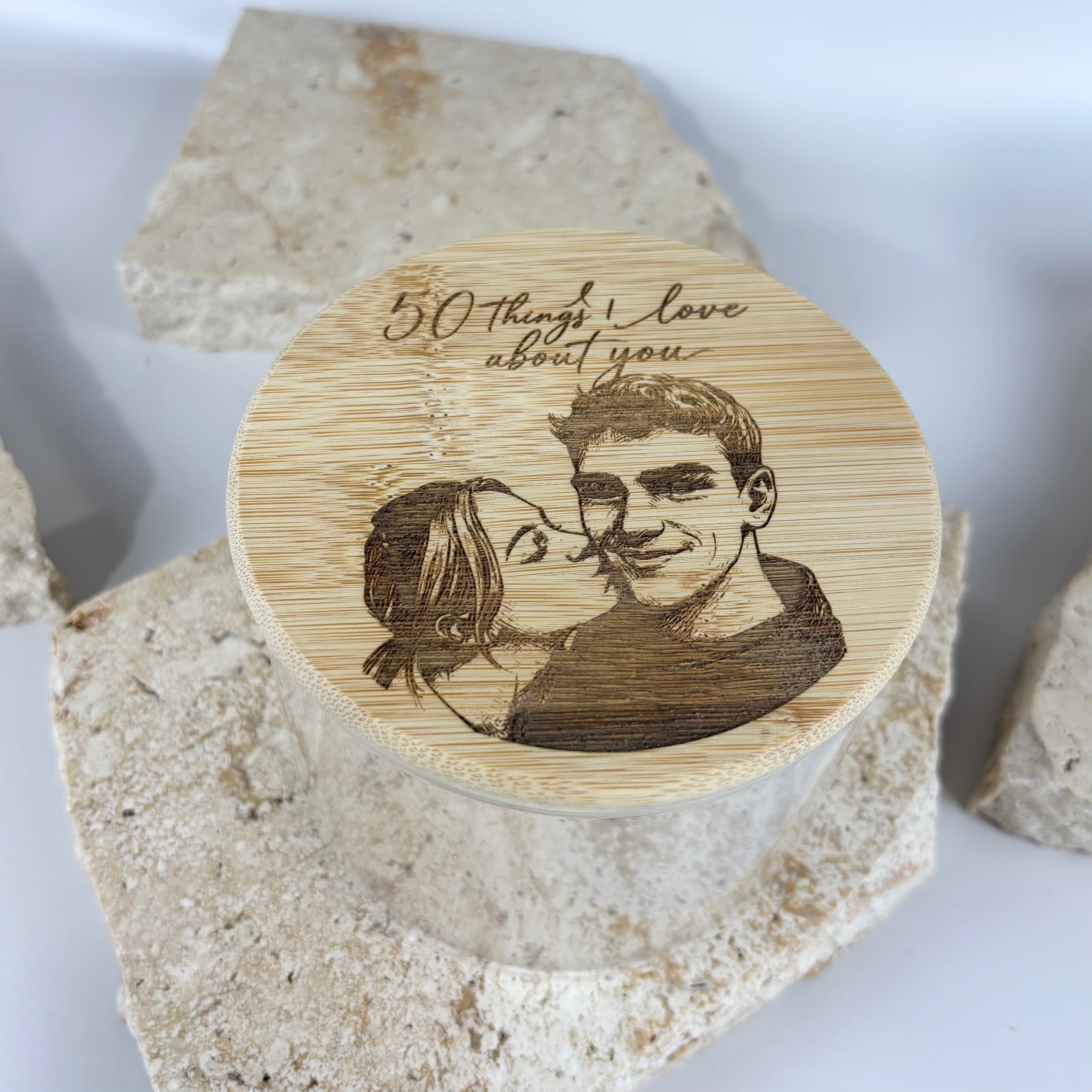 Video of personalised bamboo snack jar with custom engraved wooden lid, eco-friendly storage container for snacks, kitchen organisation, and gifting.