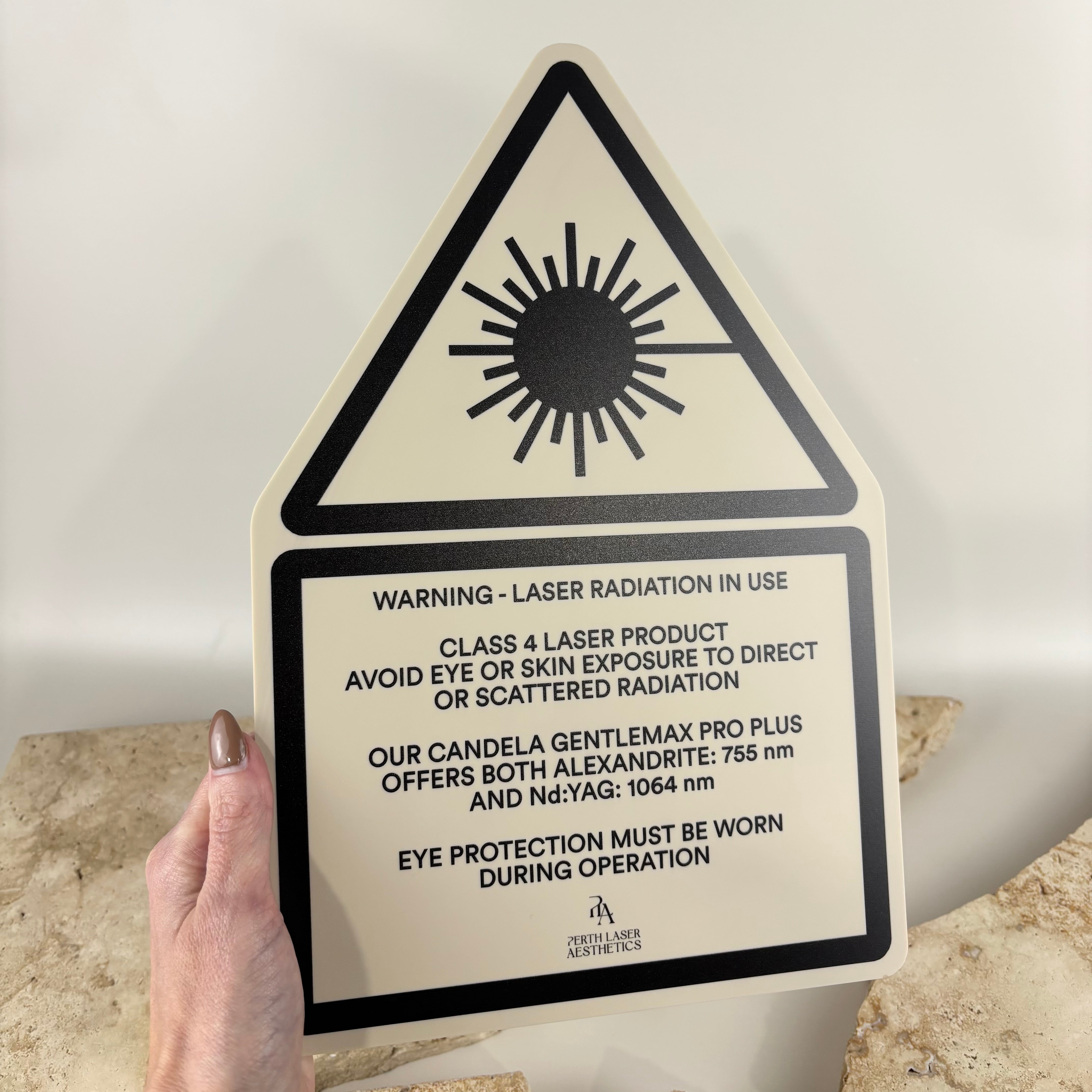 Custom laser radiation warning sign for beauty clinics and laser treatment rooms, UV printed acrylic safety sign, Class 4 laser warning plaque, Candela GentleMax Pro Plus compliance signage, professional laser hair removal clinic safety display.