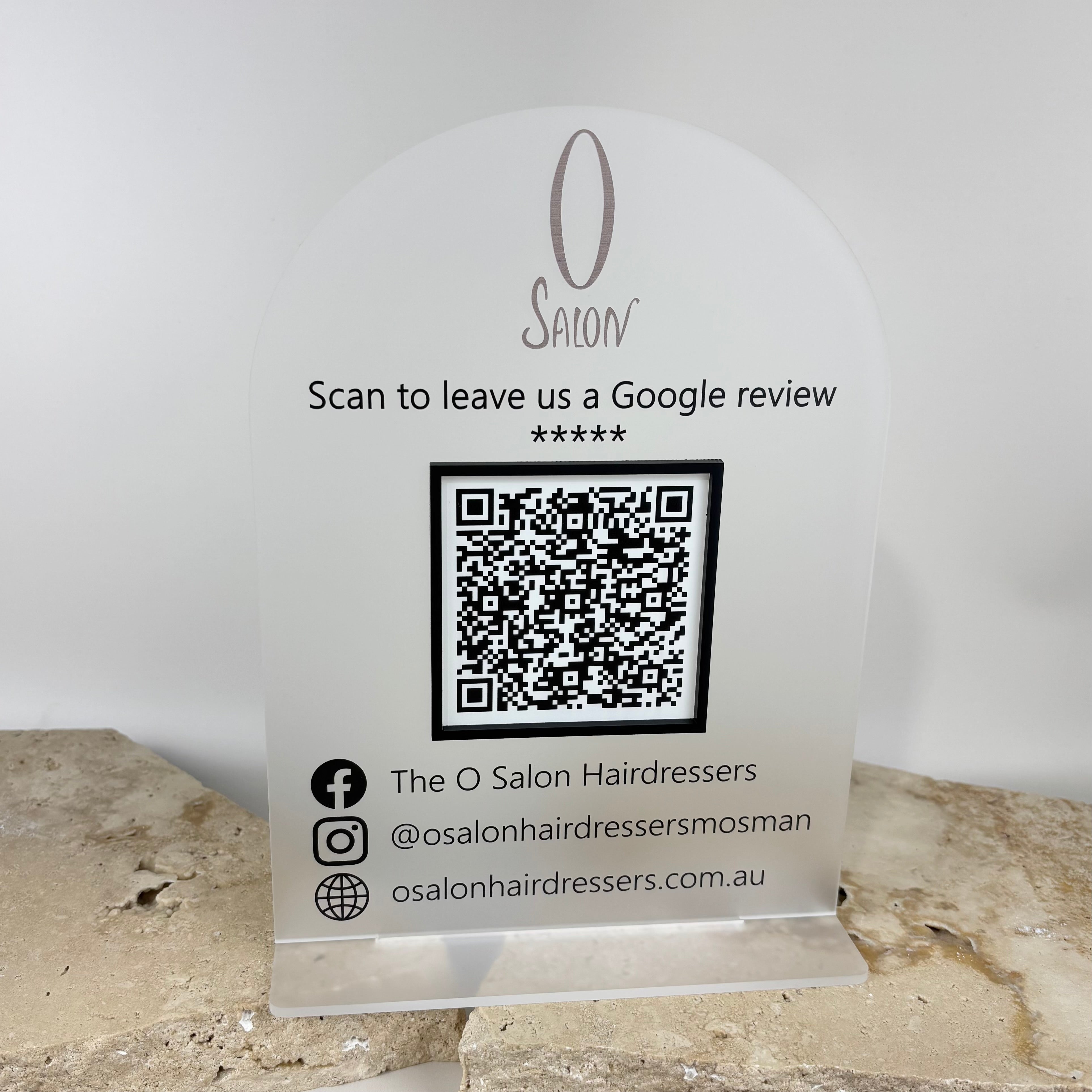 Custom frosted acrylic Google review stand with QR code for hair salons, premium countertop sign encouraging five star reviews, personalised business branding with social media details, Australian made salon display