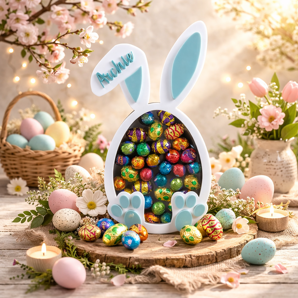 Personalised acrylic Easter bunny chocolate holder filled with mini eggs, custom name Easter gift for kids and toddlers