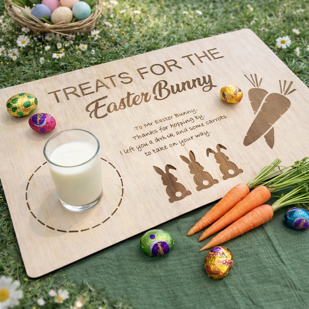 Wooden treats for the Easter Bunny board with milk and carrots, personalised Easter tradition board for children