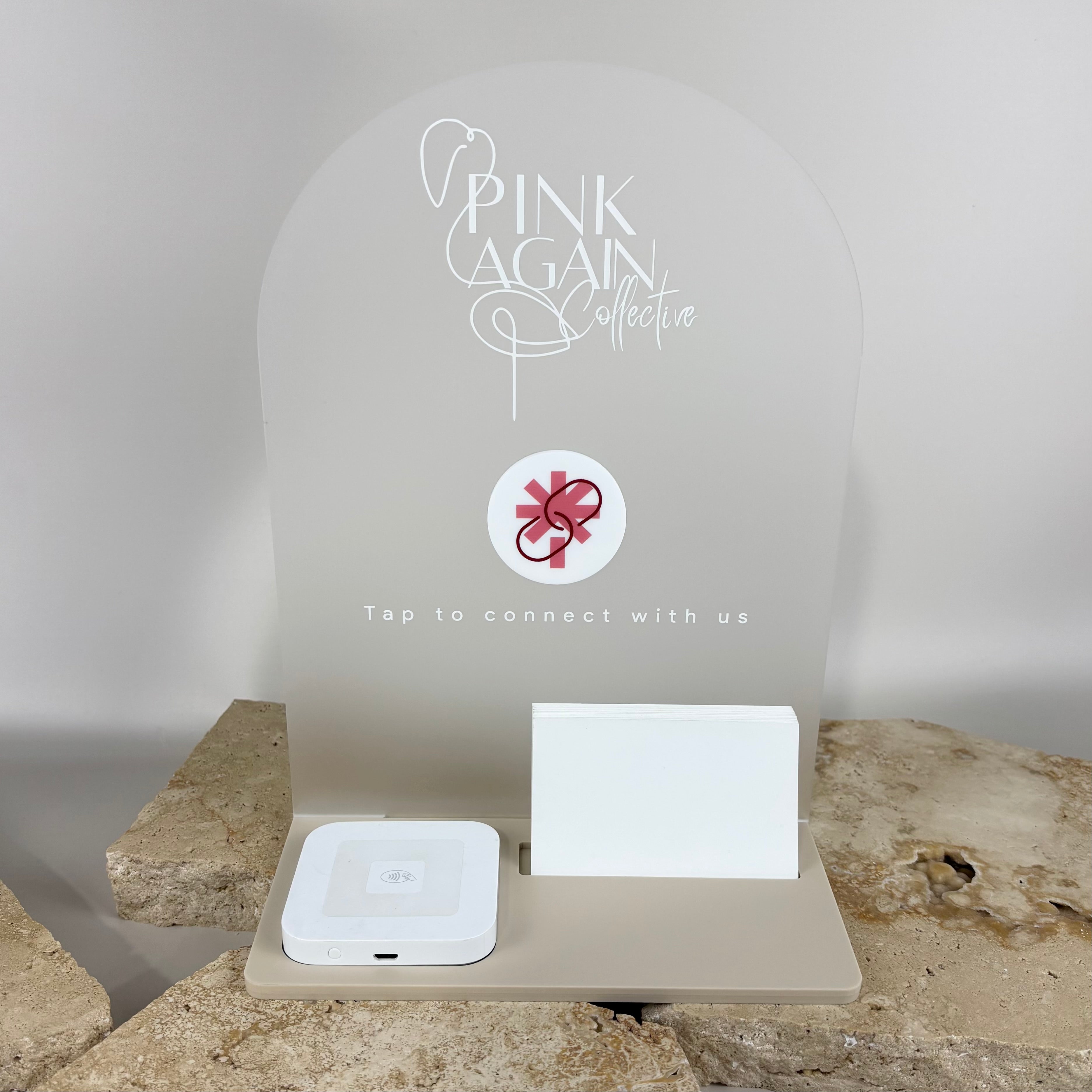 Custom NFC business stand with card holder and tap-to-connect feature, personalised acrylic display for salons, clinics, and small business branding.