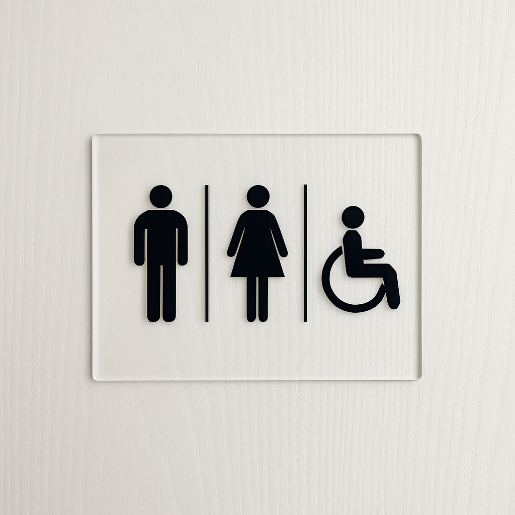 Unisex accessible toilet sign with male, female and wheelchair icons on a white acrylic plaque