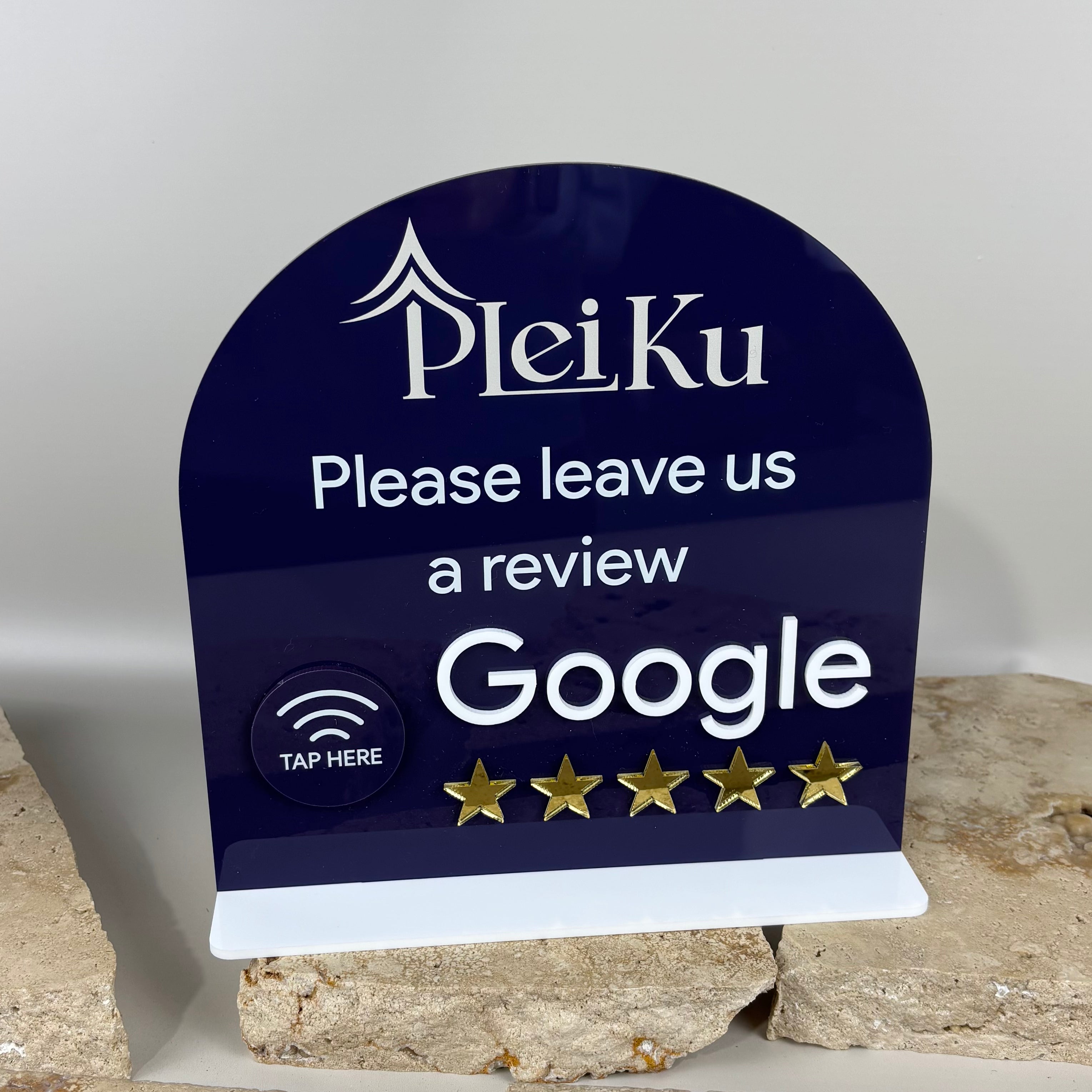 Custom navy acrylic Google review stand with NFC tap feature, personalised business branding sign encouraging customer reviews, countertop review display for Australian small business